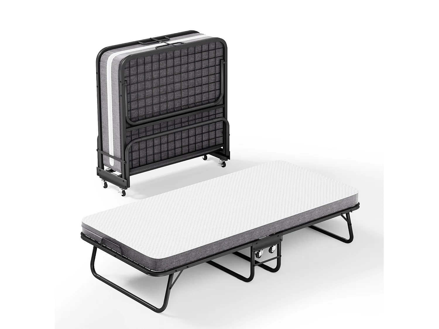 Lit pliant 90x190 cm avec matelas mousse mémoire 10 cm – Lit d’appoint pliable à roulettes, housse anti-poussière, noir