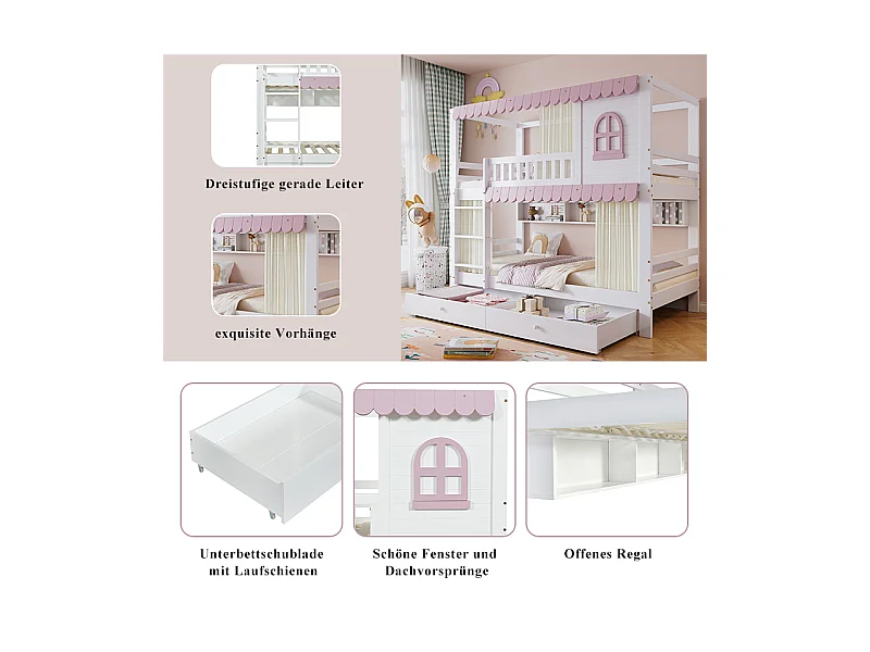 Litera infantil 90x200 cm blanca/rosa con ventanas, cortinas, barreras de seguridad, estante abierto, 2 cajones con ruedas