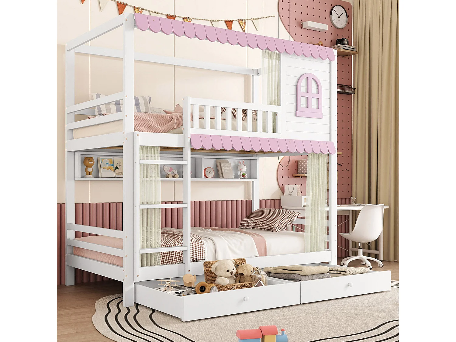 Beliche infantil 90x200 cm branco/rosa com janelas, cortinas, barreiras de segurança, prateleira aberta, 2 gavetas com rodas