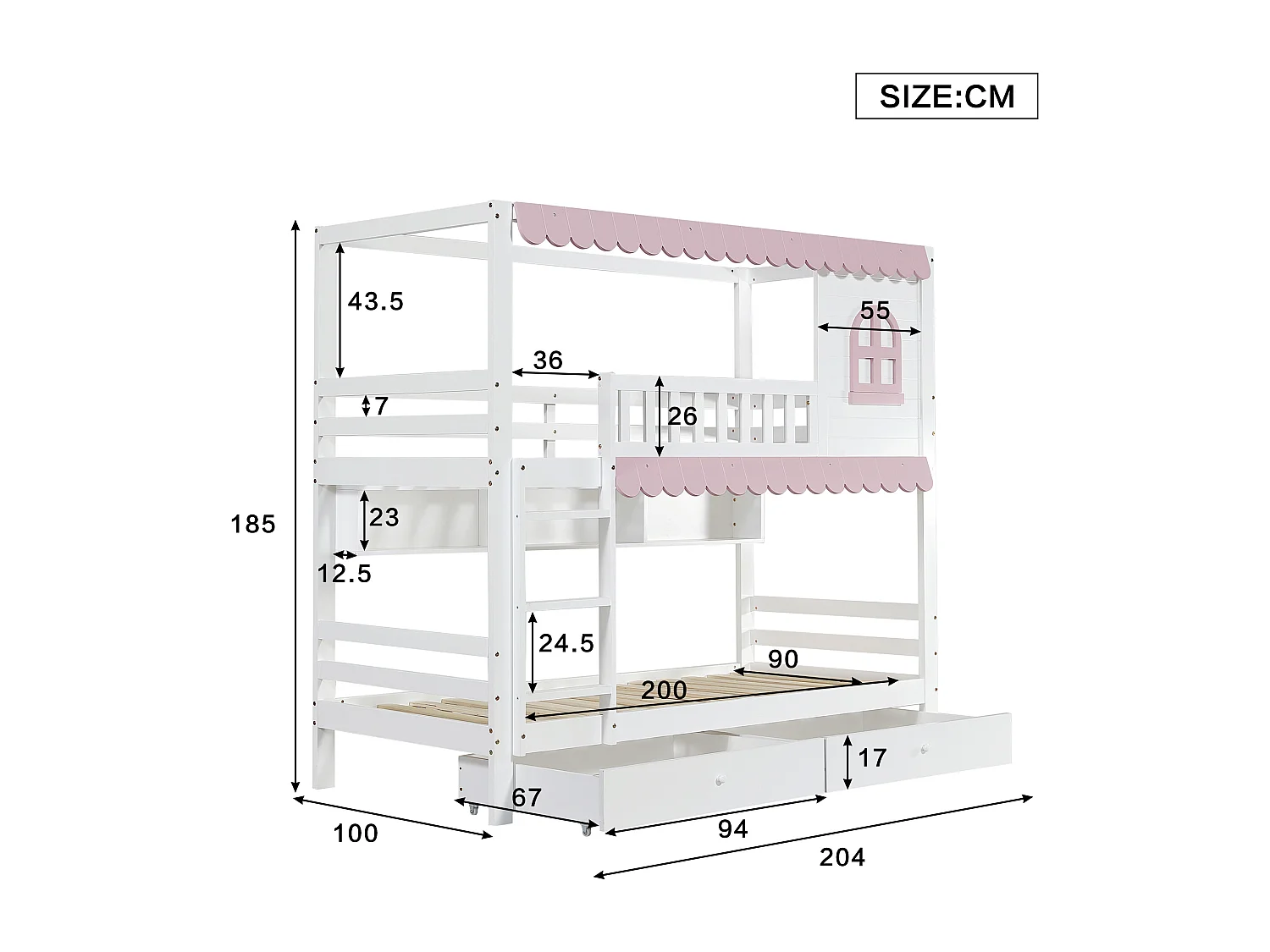 Beliche infantil 90x200 cm branco/rosa com janelas, cortinas, barreiras de segurança, prateleira aberta, 2 gavetas com rodas