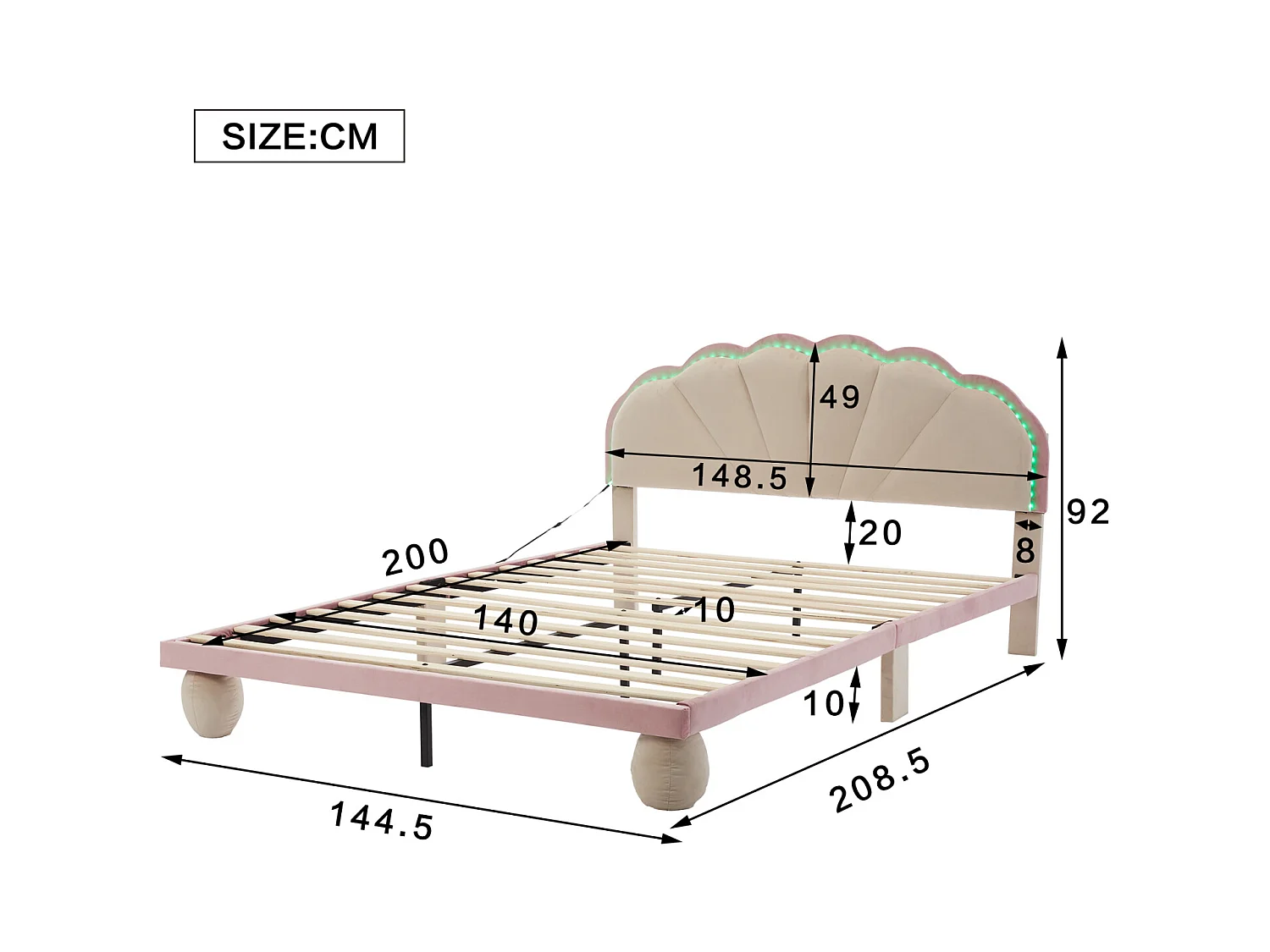 Lit rembourré enfant 140x200 cm beige/rose – Tête de lit ondulée, pieds ronds, éclairage multicolore, lit double en velours