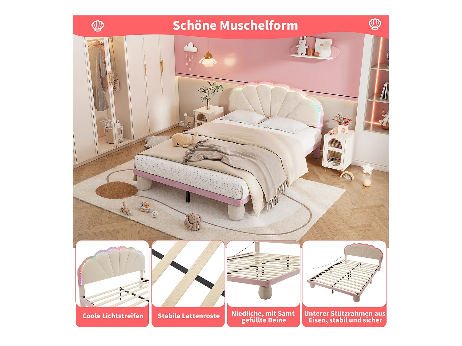 Lit rembourré enfant 140x200 cm beige/rose – Tête de lit ondulée, pieds ronds, éclairage multicolore, lit double en velours