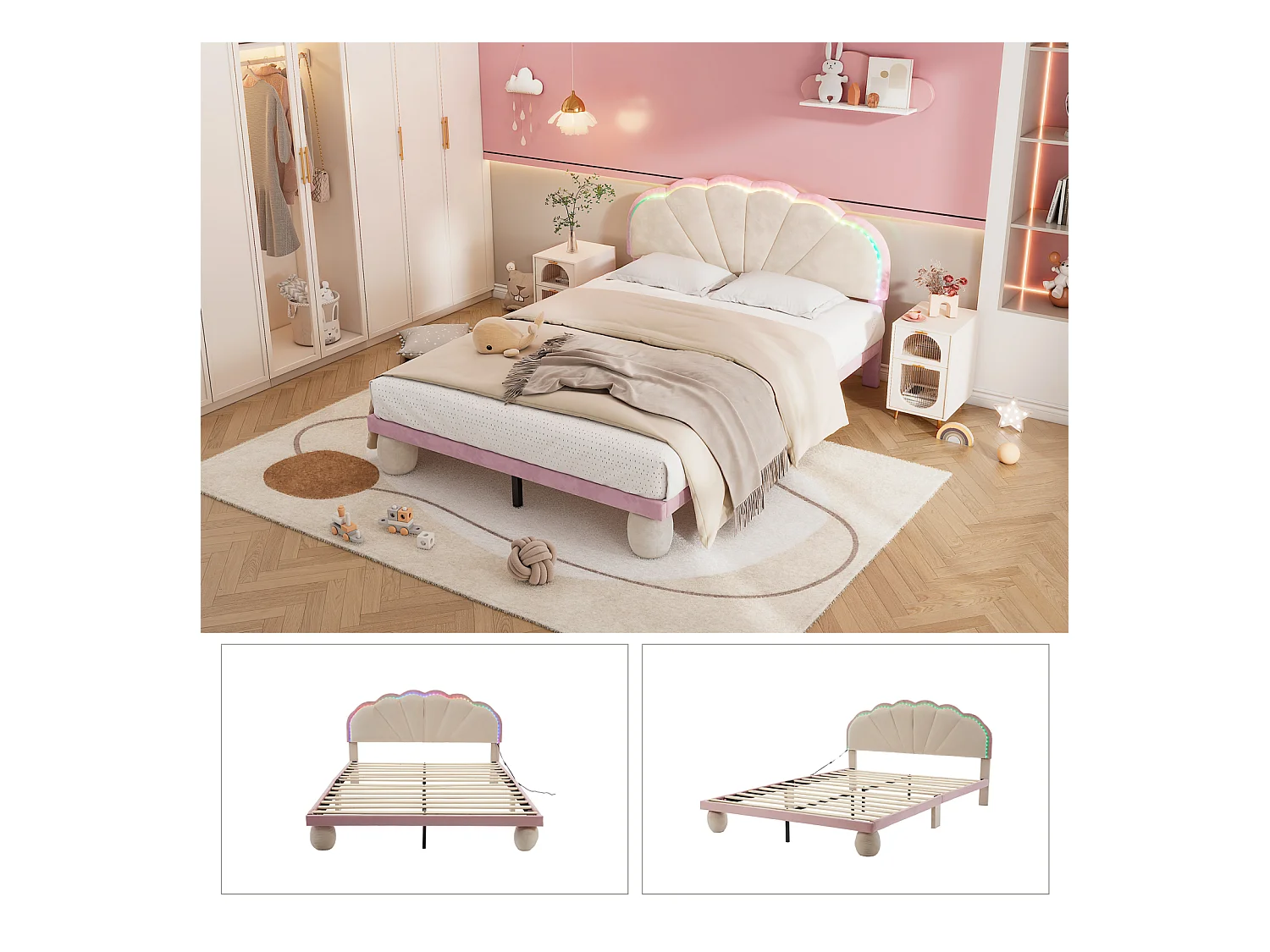 Lit rembourré enfant 140x200 cm beige/rose – Tête de lit ondulée, pieds ronds, éclairage multicolore, lit double en velours