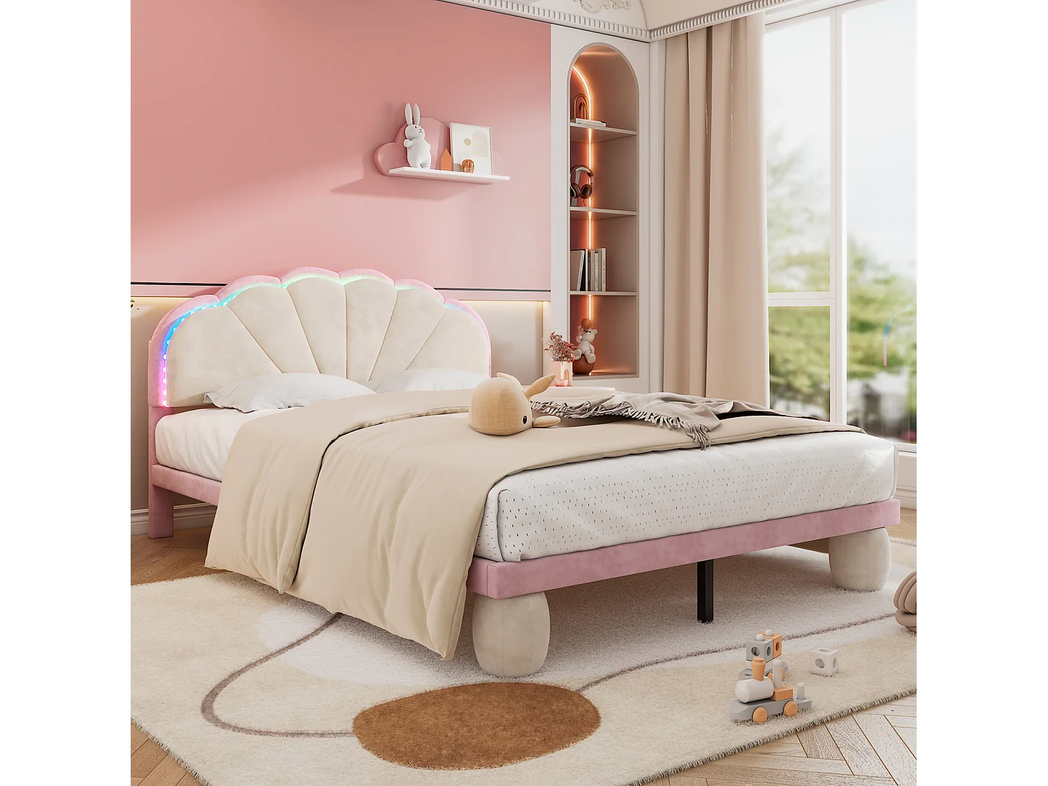 Lit rembourré enfant 140x200 cm beige/rose – Tête de lit ondulée, pieds ronds, éclairage multicolore, lit double en velours