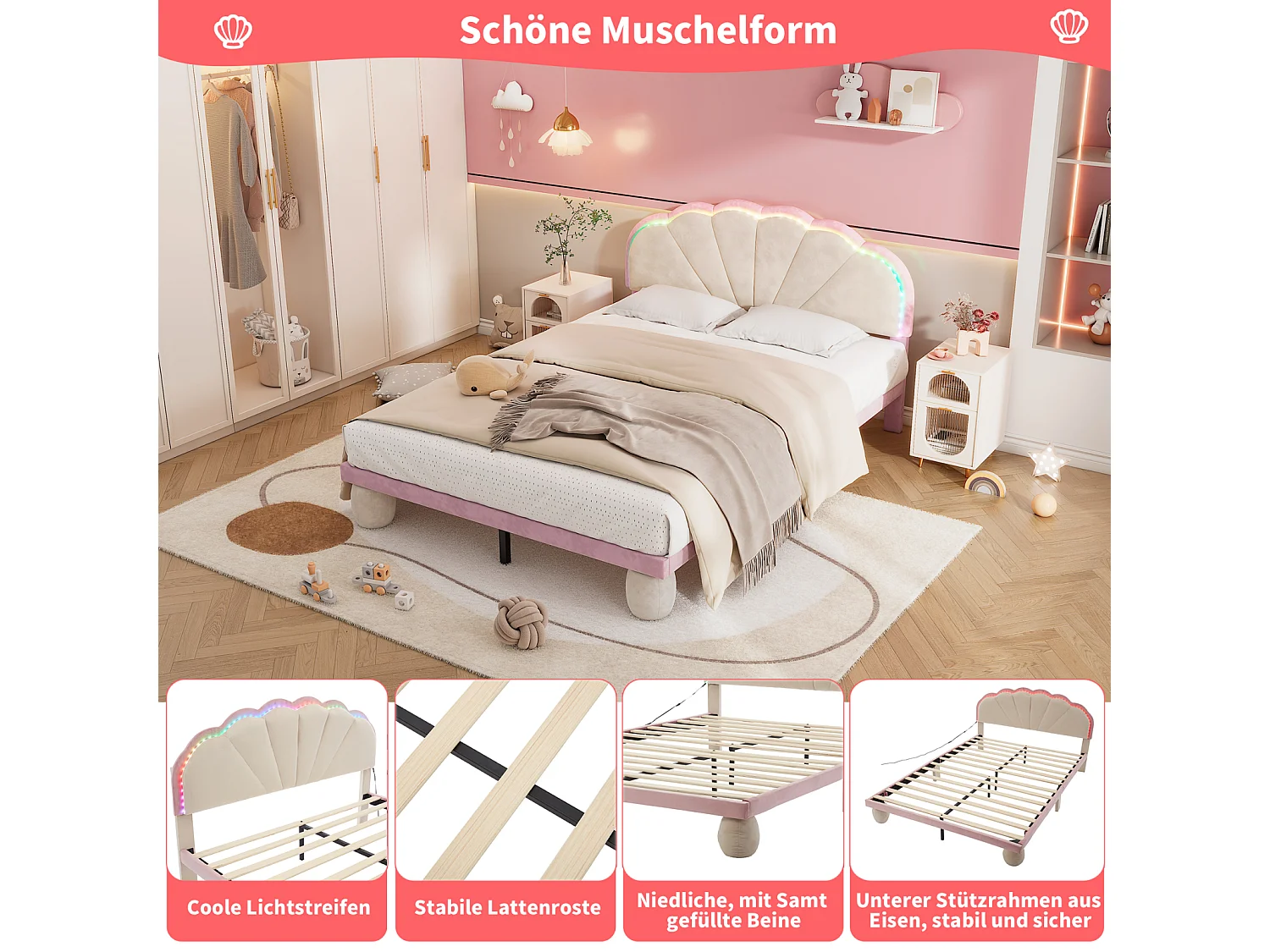 Lit rembourré enfant 140x200 cm beige/rose – Tête de lit ondulée, pieds ronds, éclairage multicolore, lit double en velours