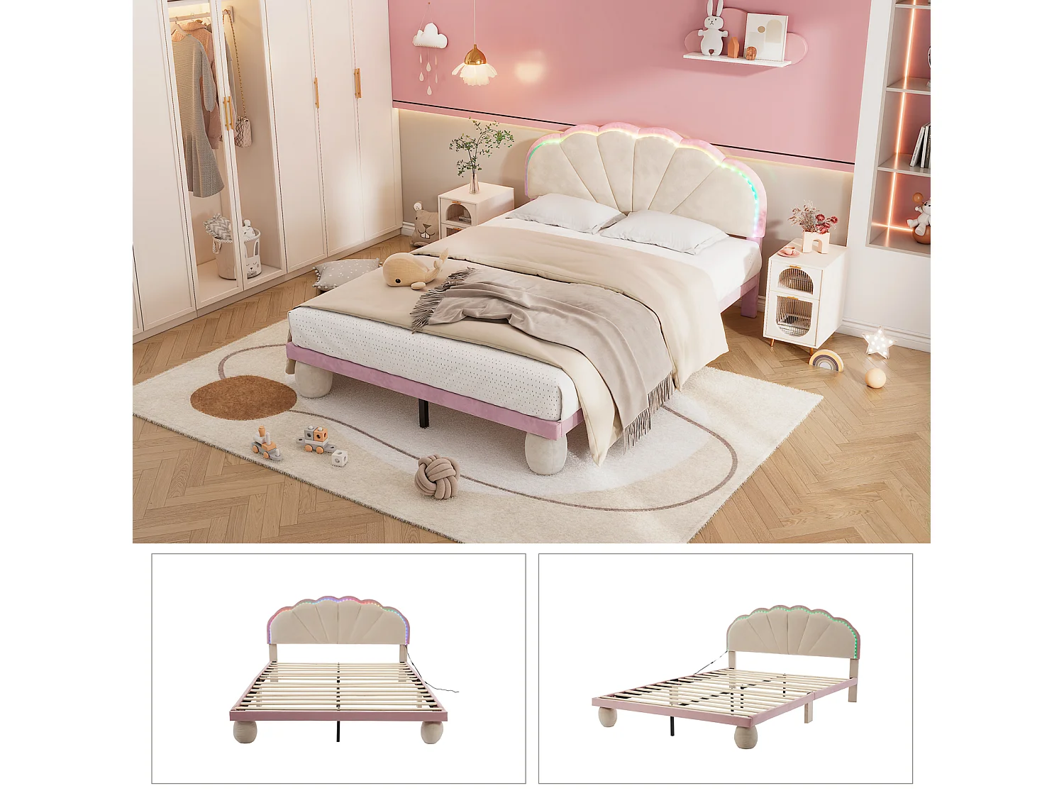 Lit rembourré enfant 140x200 cm beige/rose – Tête de lit ondulée, pieds ronds, éclairage multicolore, lit double en velours
