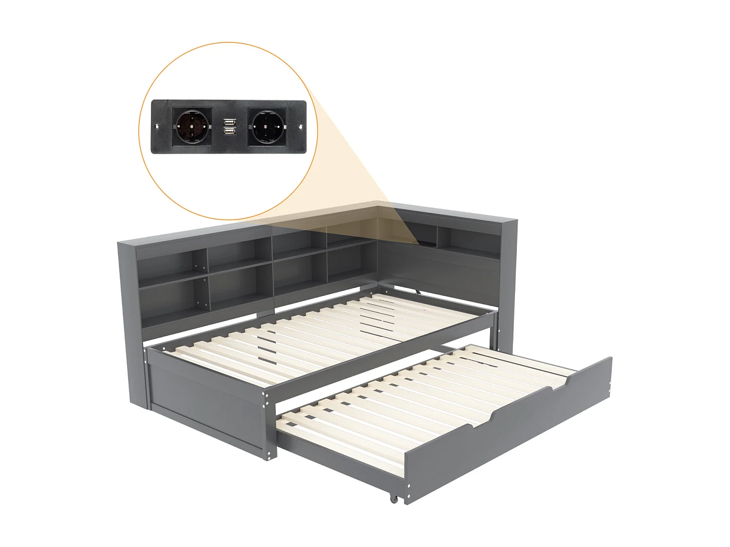 Schlafsofa 90x200 cm grau – Ausziehbett mit USB-Anschluss, viel Stauraum, Multifunktionsbett aus Massivholz