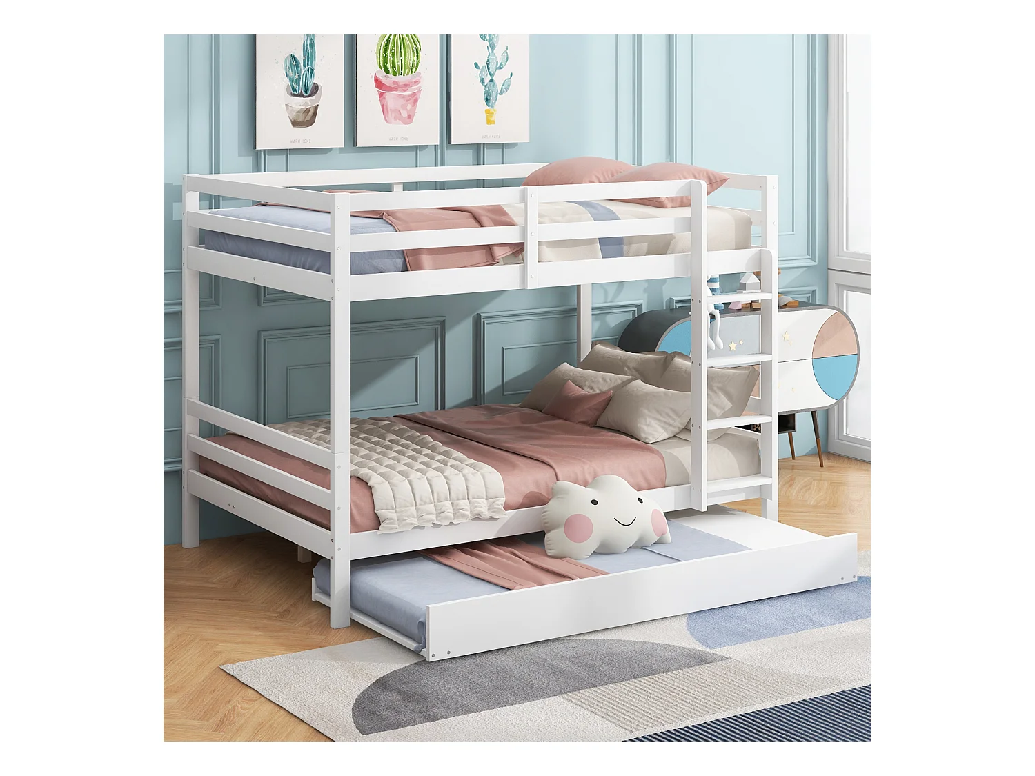 Litera infantil blanca de 140x200 cm - Con cama nido, barandillas altas y escalera robusta