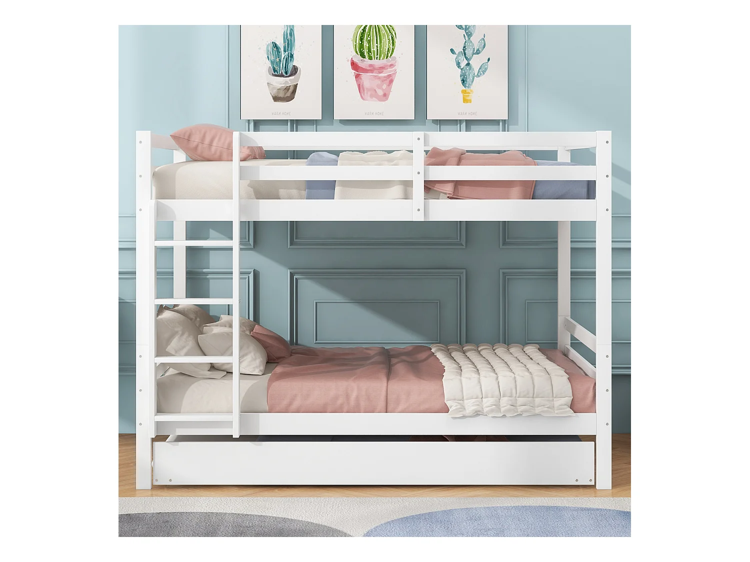 Litera infantil blanca de 140x200 cm - Con cama nido, barandillas altas y escalera robusta