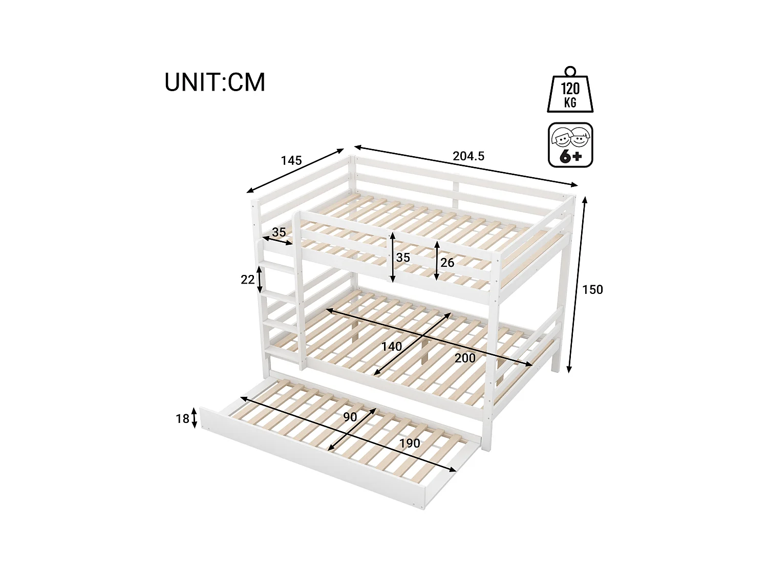Litera infantil blanca de 140x200 cm - Con cama nido, barandillas altas y escalera robusta