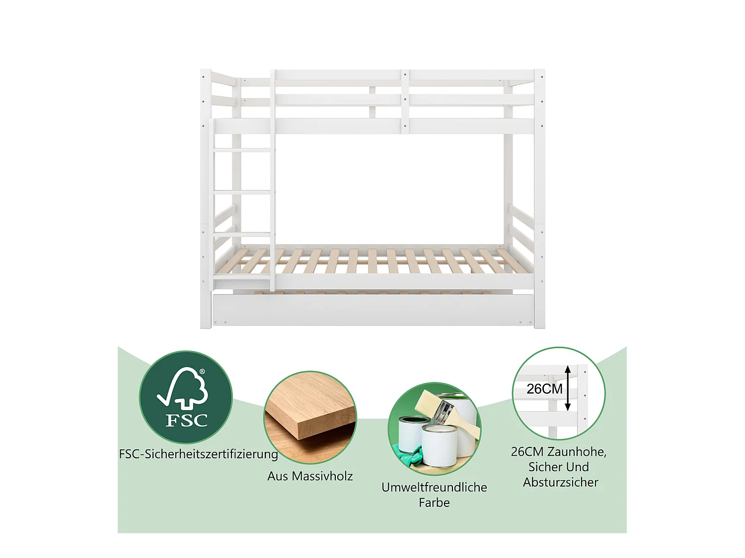 Litera infantil blanca de 140x200 cm - Con cama nido, barandillas altas y escalera robusta