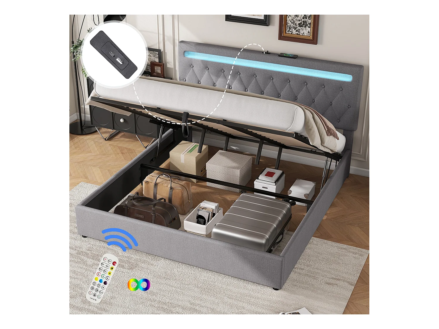 Vlak bed 180x200 cm, gestoffeerd met hydraulisch mechanisme, RGB-sfeerverlichting, afstandsbediening, USB-aansluiting, grijs