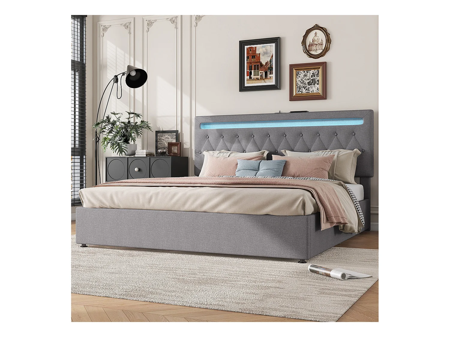 Vlak bed 180x200 cm, gestoffeerd met hydraulisch mechanisme, RGB-sfeerverlichting, afstandsbediening, USB-aansluiting, grijs