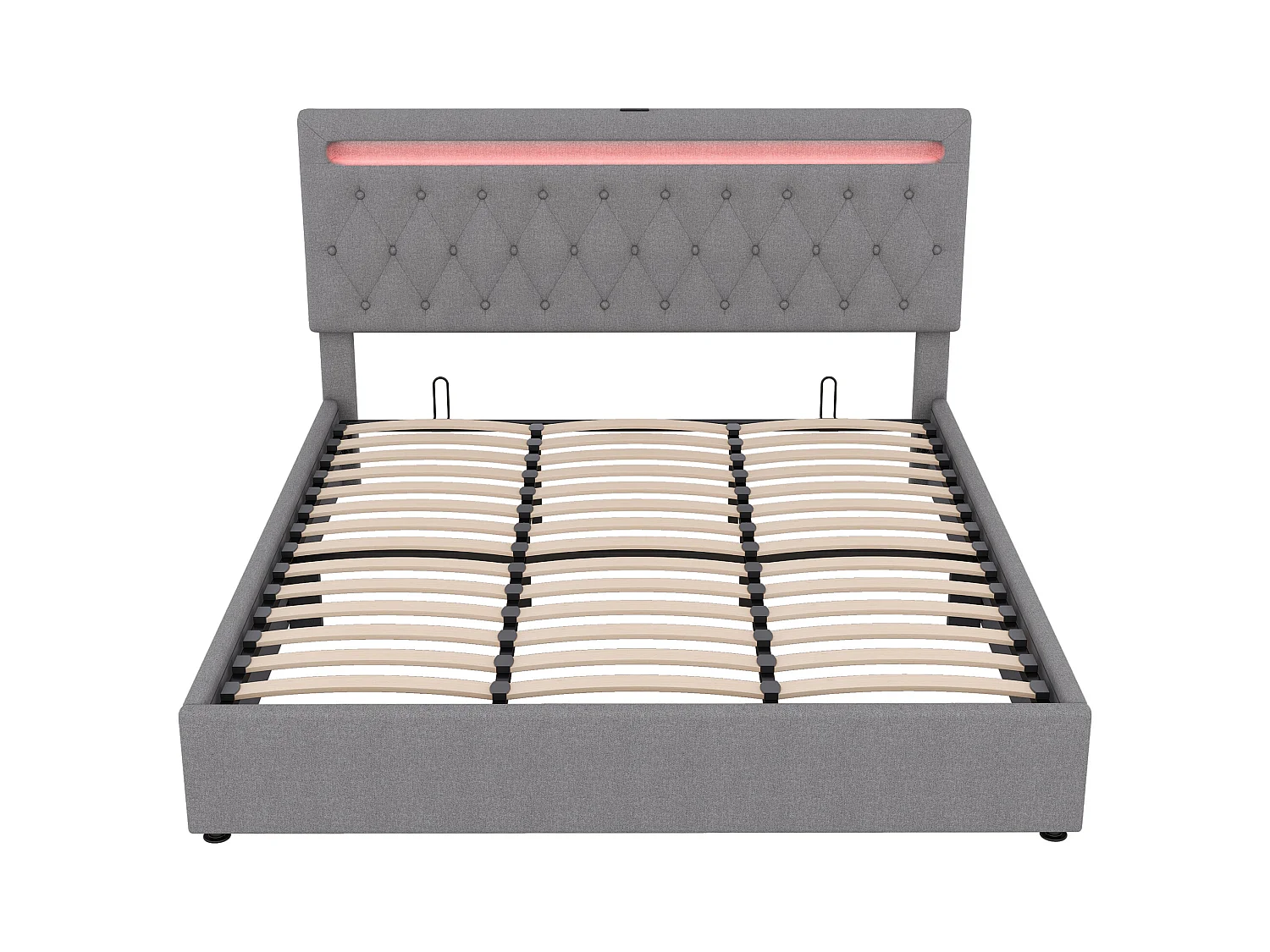 Vlak bed 180x200 cm, gestoffeerd met hydraulisch mechanisme, RGB-sfeerverlichting, afstandsbediening, USB-aansluiting, grijs