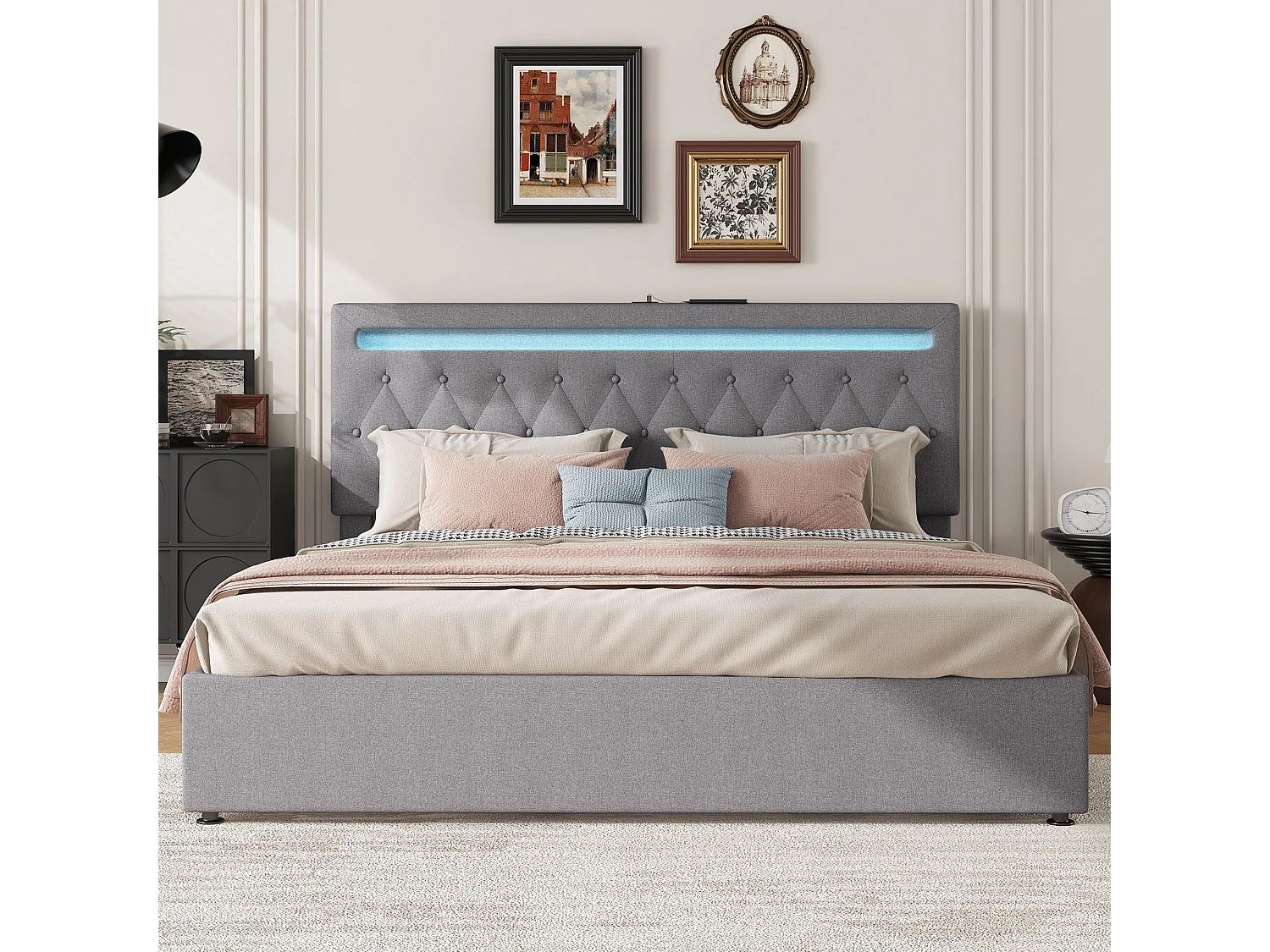 Vlak bed 180x200 cm, gestoffeerd met hydraulisch mechanisme, RGB-sfeerverlichting, afstandsbediening, USB-aansluiting, grijs