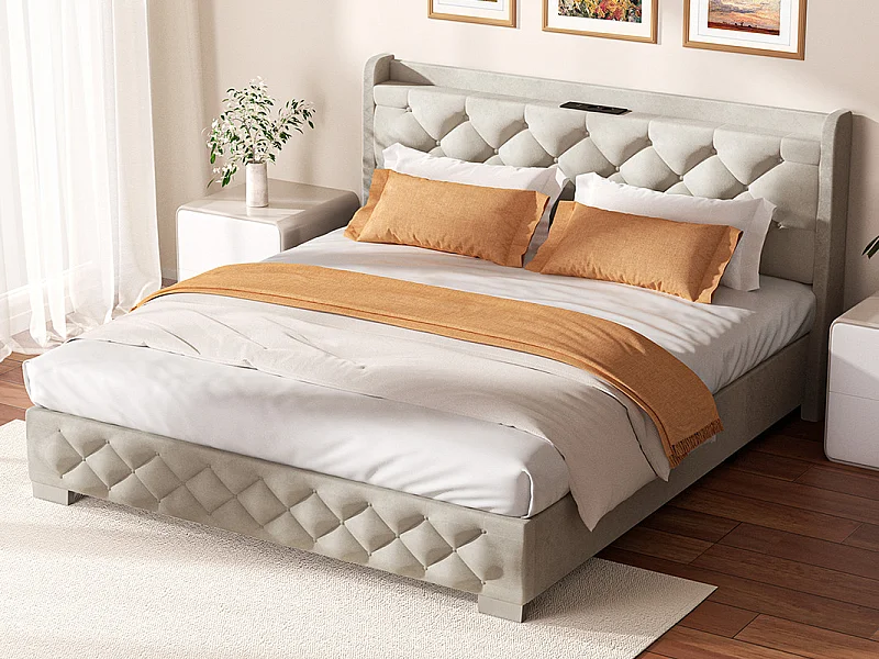 Lit 150 x 200 cm avec tête de lit capitonnée - Lit double avec tête de lit - Gris anthracite