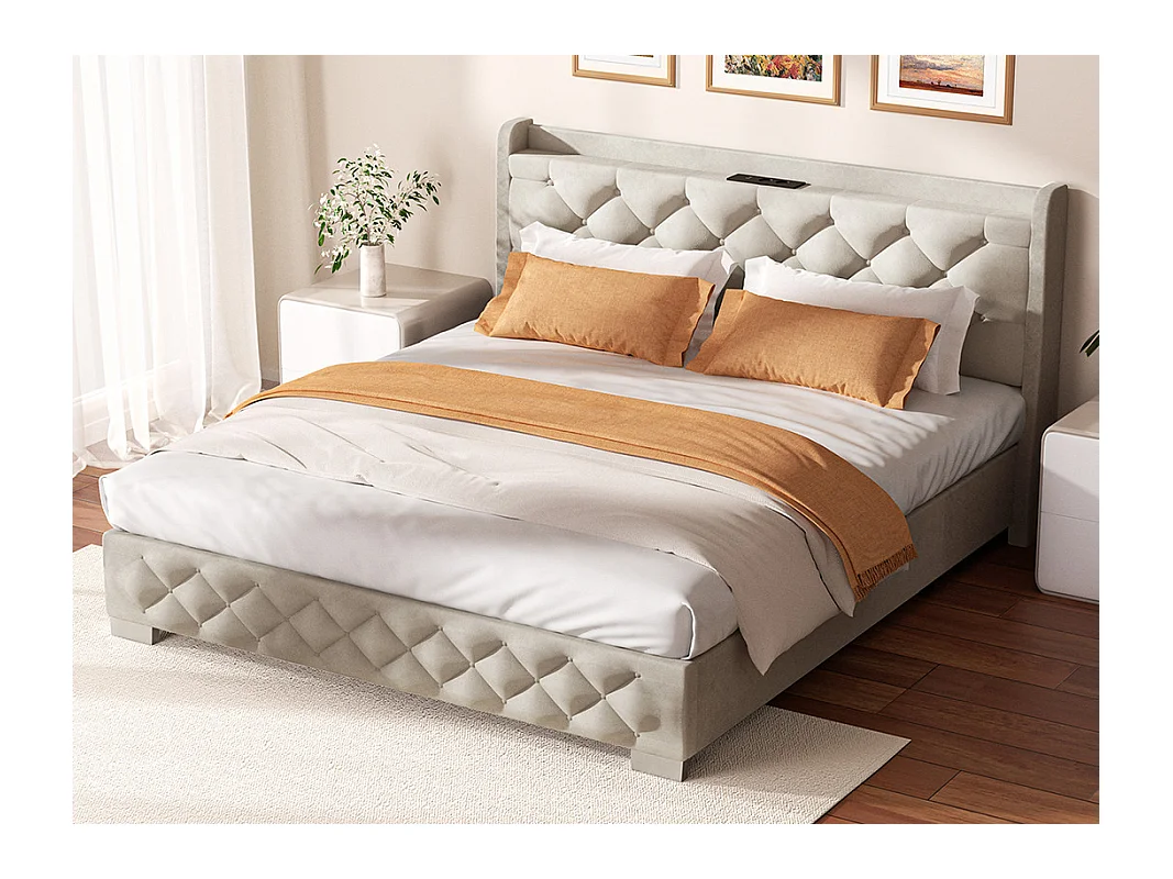 Lit 150 x 200 cm avec tête de lit capitonnée - Lit double avec tête de lit - Gris anthracite