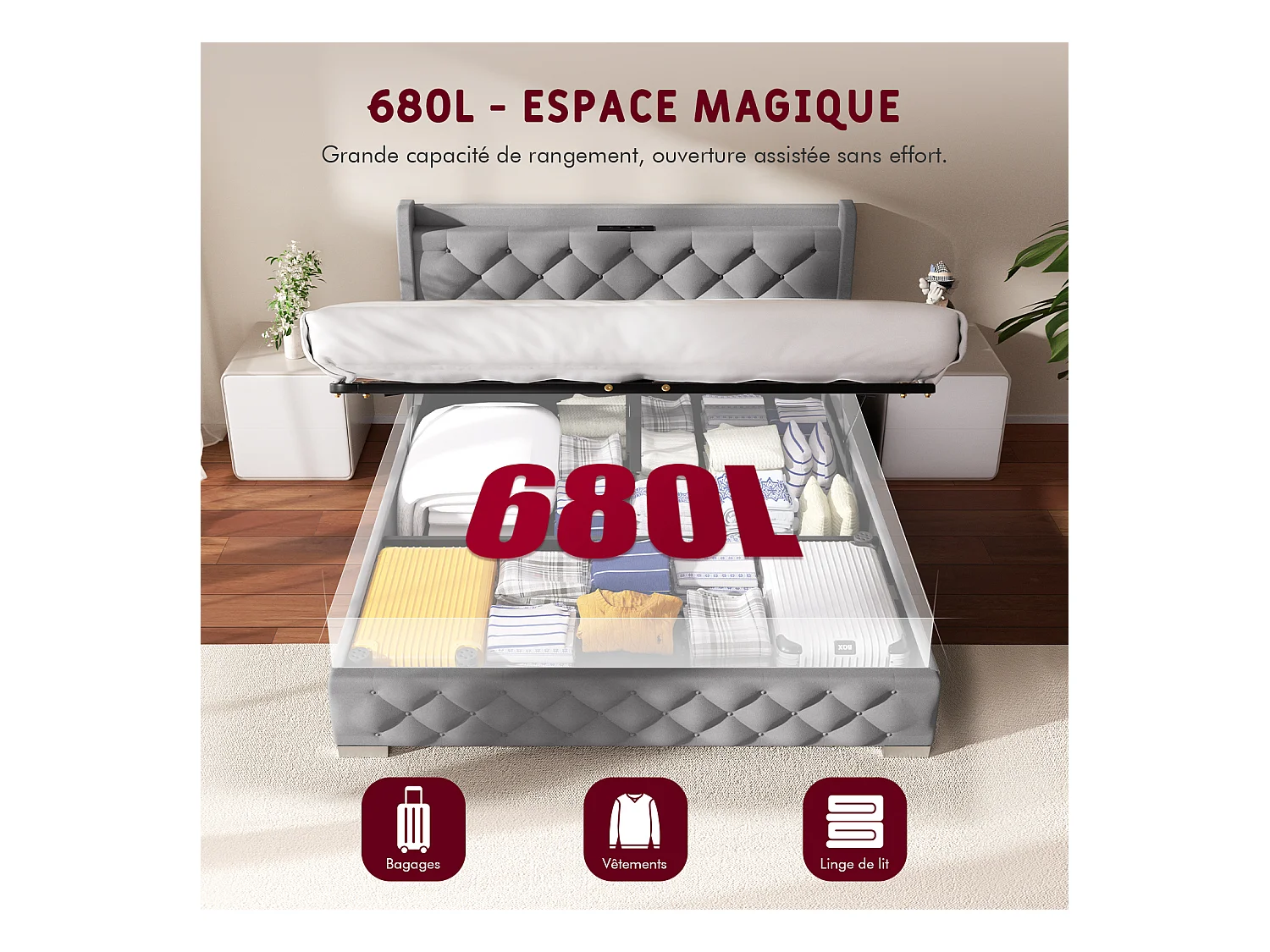 Lit 150 x 200 cm avec tête de lit capitonnée - Lit double avec tête de lit - Gris anthracite