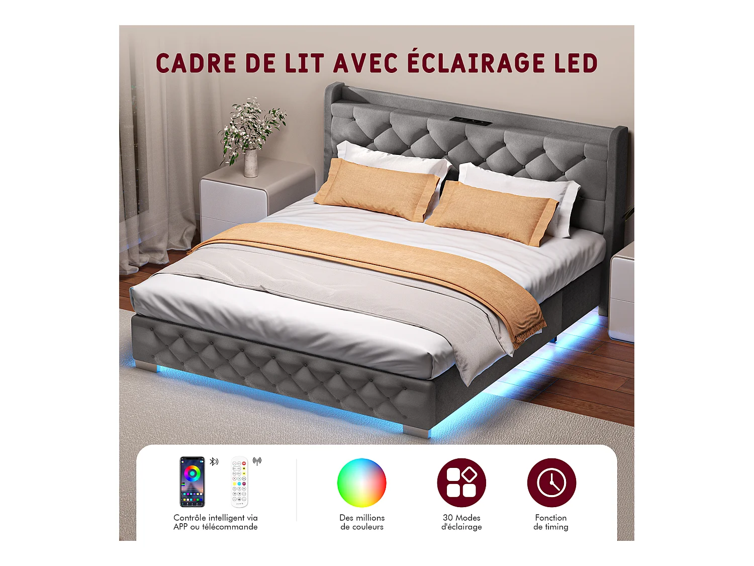 Lit 150 x 200 cm avec tête de lit capitonnée - Lit double avec tête de lit - Gris anthracite