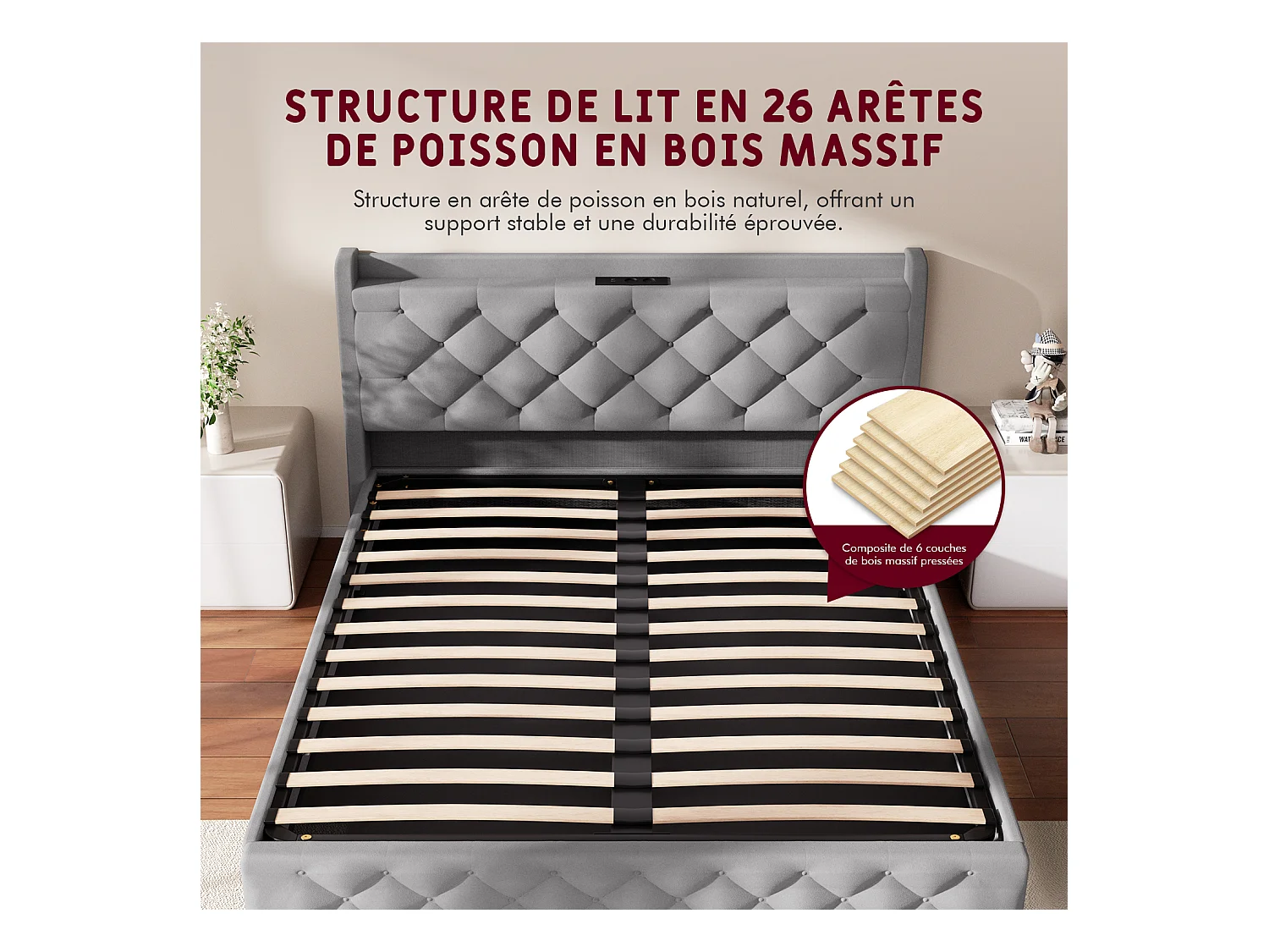 Lit 150 x 200 cm avec tête de lit capitonnée - Lit double avec tête de lit - Gris anthracite