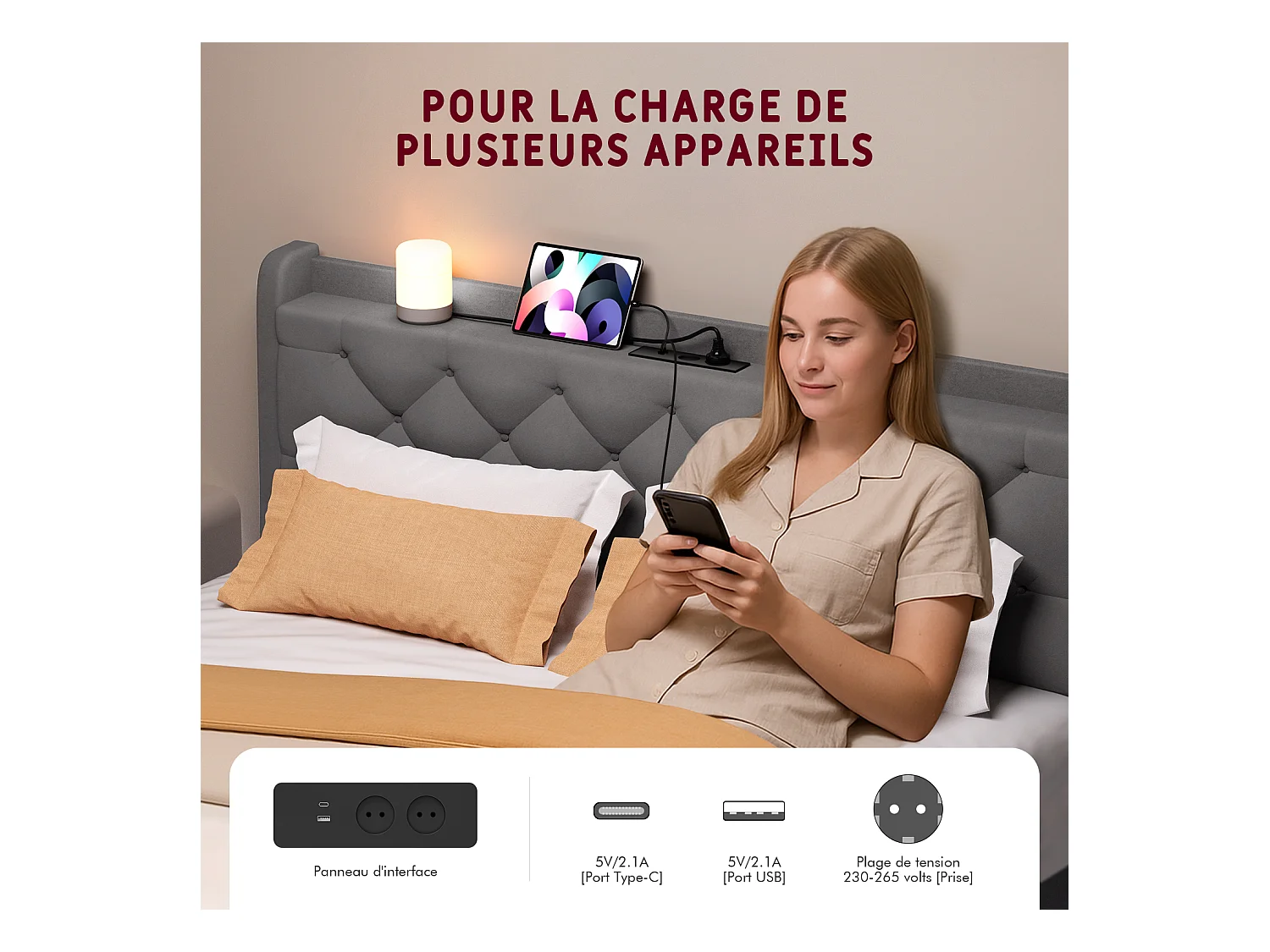 Lit 150 x 200 cm avec tête de lit capitonnée - Lit double avec tête de lit - Gris anthracite