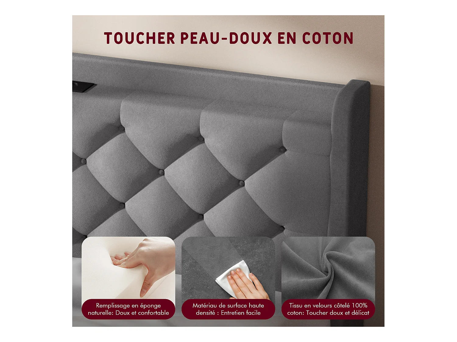 Lit 150 x 200 cm avec tête de lit capitonnée - Lit double avec tête de lit - Gris anthracite