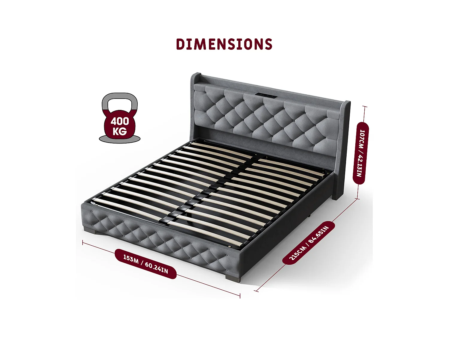 Lit 150 x 200 cm avec tête de lit capitonnée - Lit double avec tête de lit - Gris anthracite