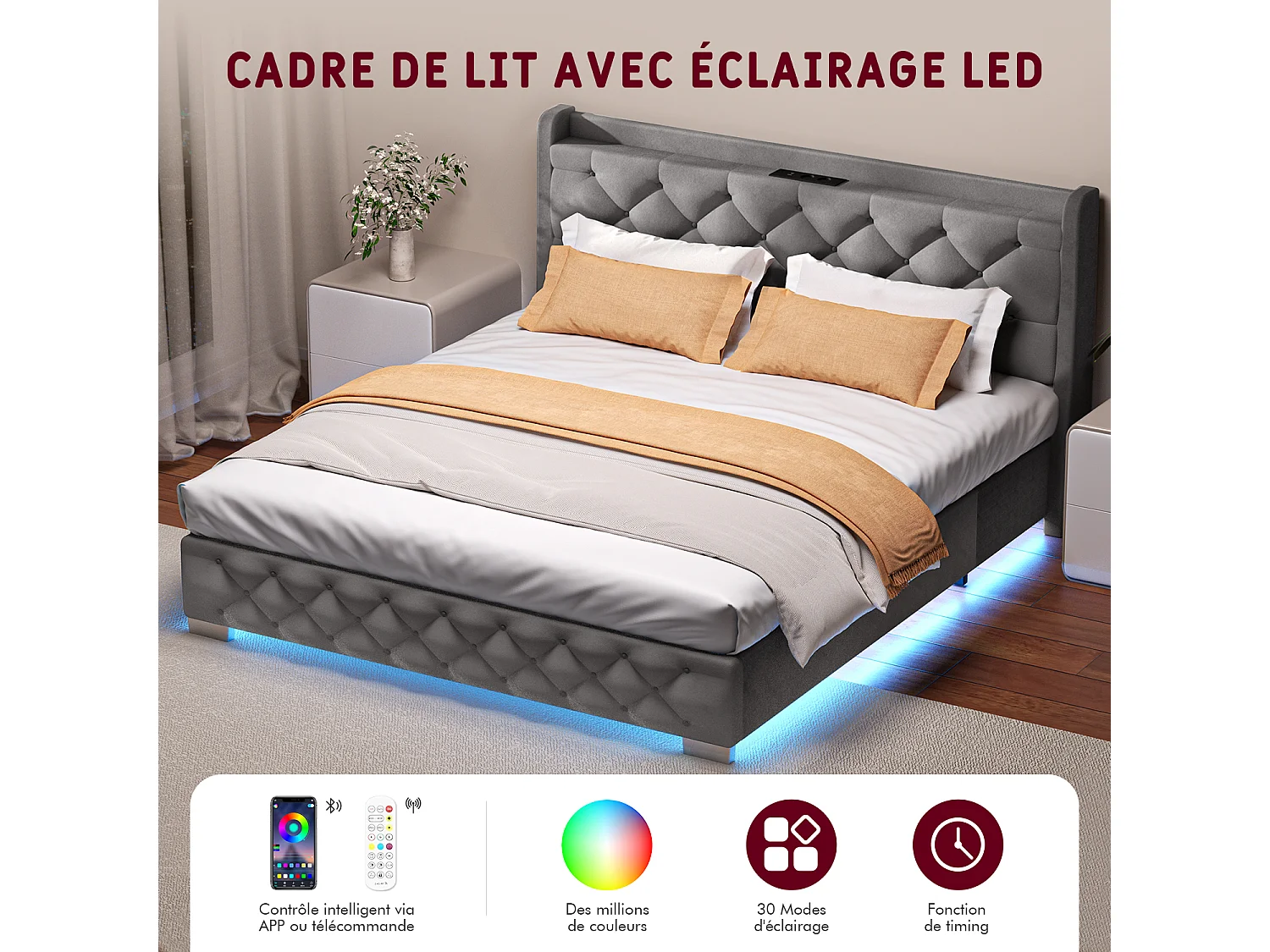 Lit 140 x 200 cm avec rangements, tête de lit avec éclairage LED, sommier à lattes - Gris anthracite