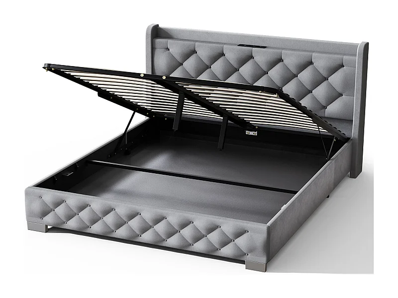 Lit 140 x 200 cm avec rangements, tête de lit avec éclairage LED, sommier à lattes - Gris anthracite