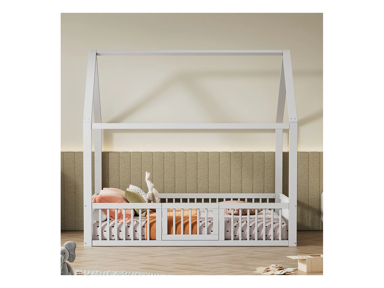 Cama maciza 140x200 cm blanca – Cama doble plana, cama de casa con pequeña puerta integrada