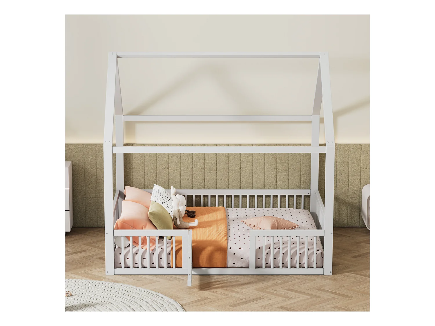 Cama maciza 140x200 cm blanca – Cama doble plana, cama de casa con pequeña puerta integrada