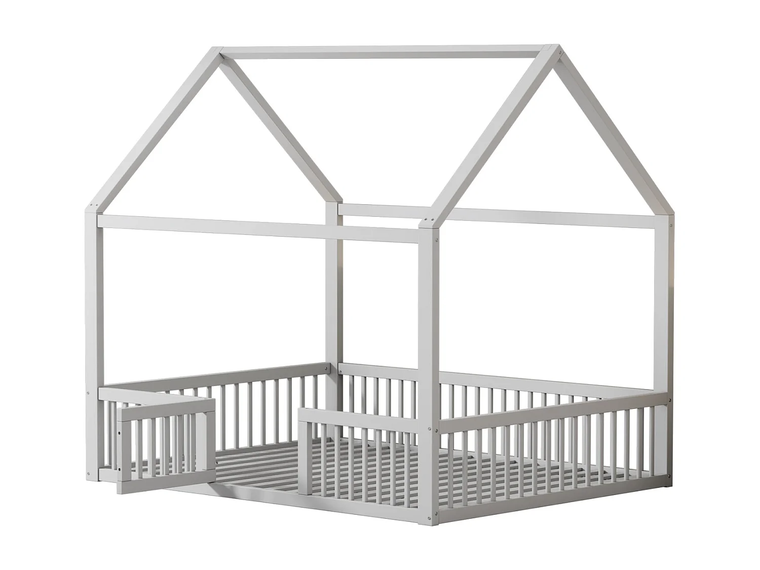 Cama sólida 140x200 cm branca – Cama plana de casal, cama de casa com pequena porta integrada