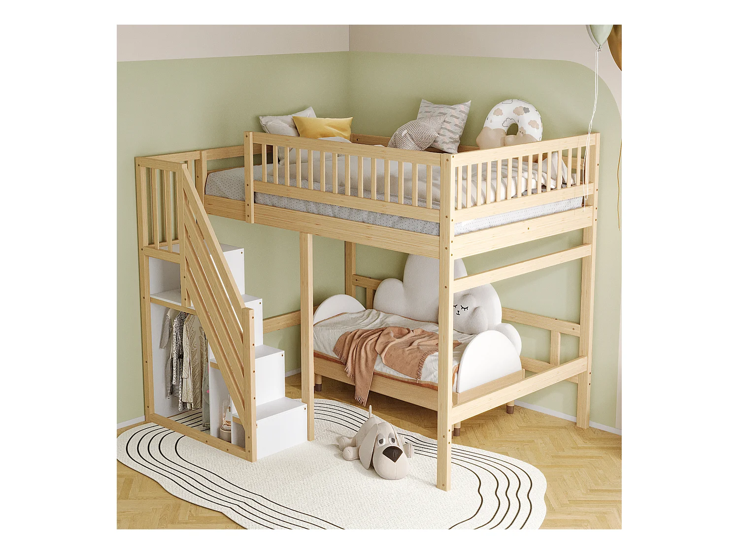 Lit massif 140x200 cm avec escalier et rangement – Lit enfant/ado avec barrières hautes, finition bois naturel