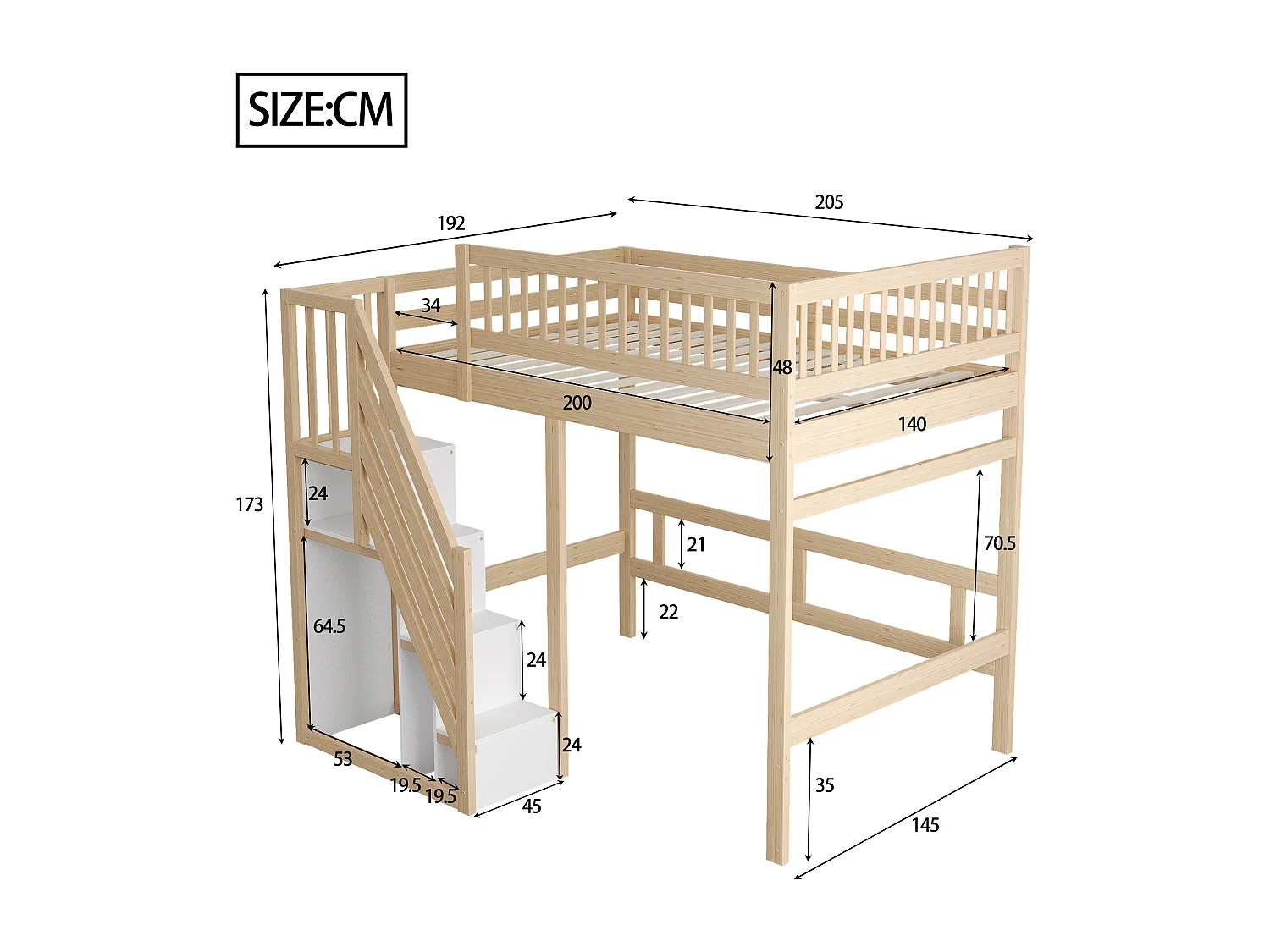 Lit massif 140x200 cm avec escalier et rangement – Lit enfant/ado avec barrières hautes, finition bois naturel