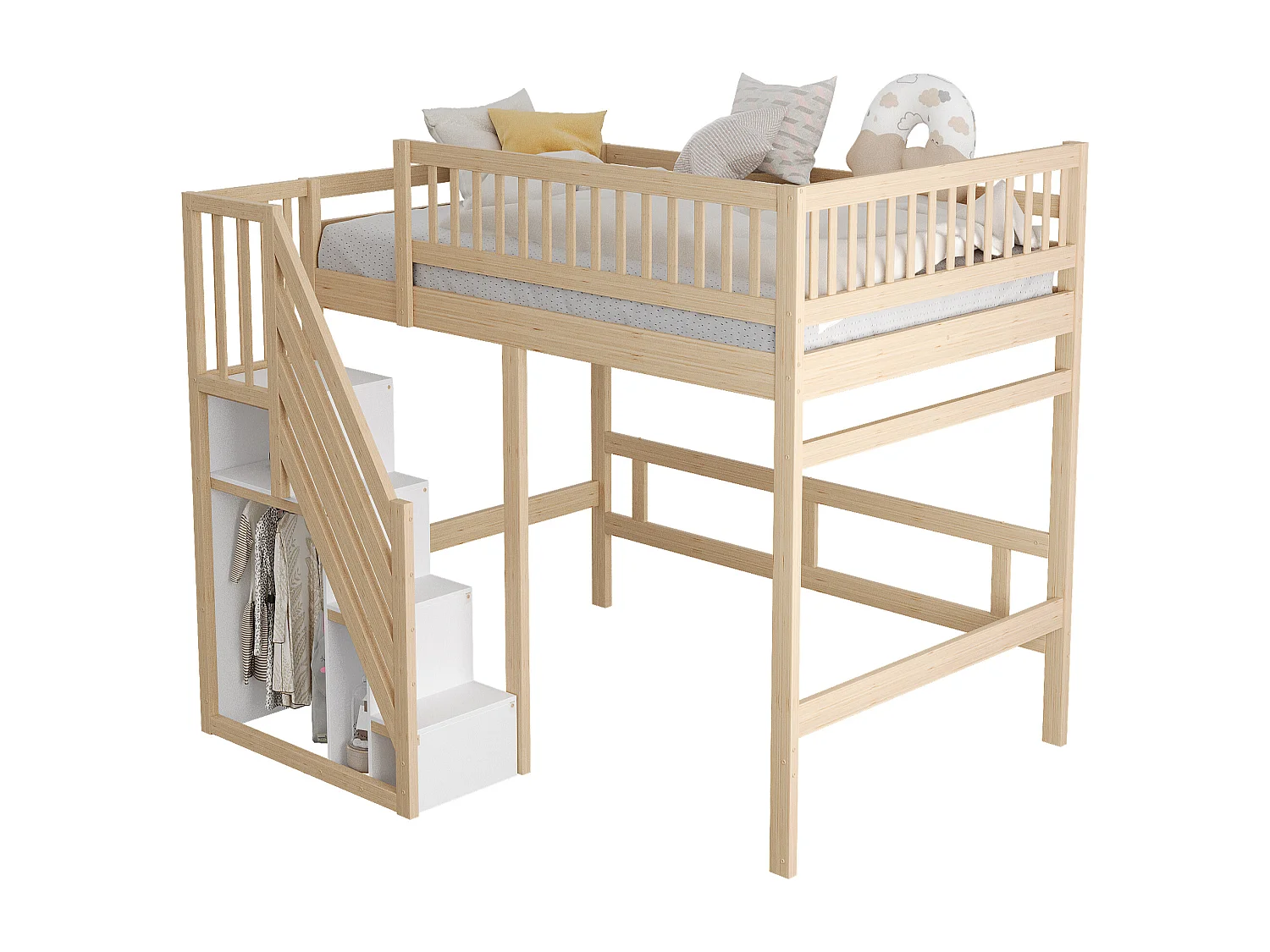 Massief bed 140x200 cm met trap en opbergruimte – Kinder-/tienerbed met hoge spijlen, natuurlijke houtlook