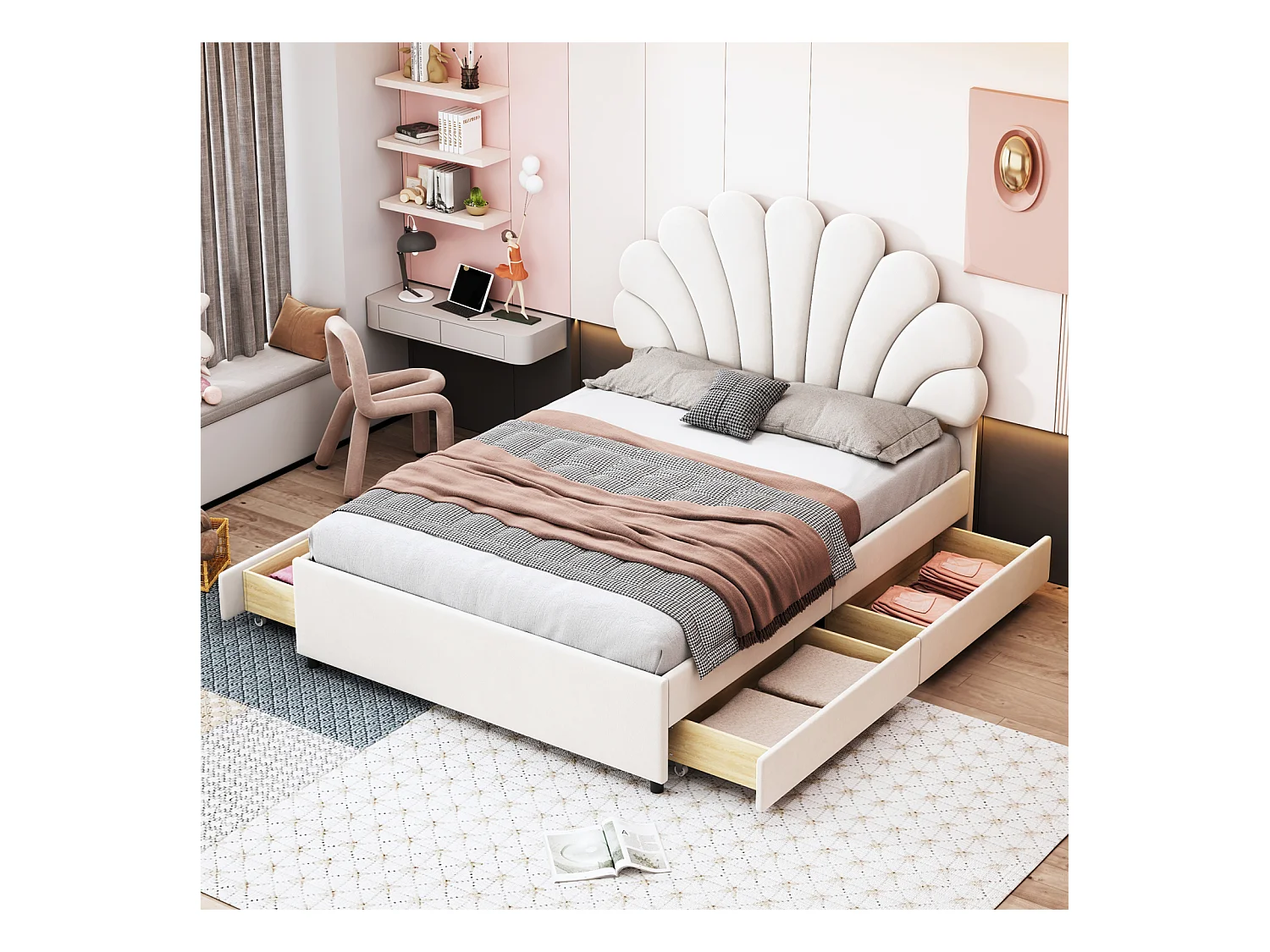 Lit rembourré 140x200 cm beige en velours – Tête de lit fleurie, sommier, rangement, lit ado/adulte