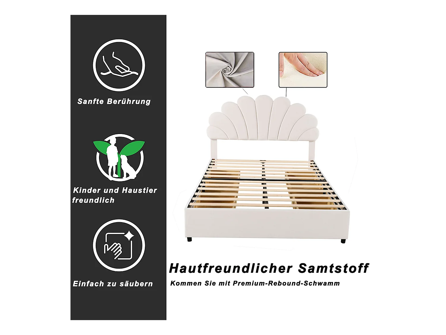 Lit rembourré 140x200 cm beige en velours – Tête de lit fleurie, sommier, rangement, lit ado/adulte