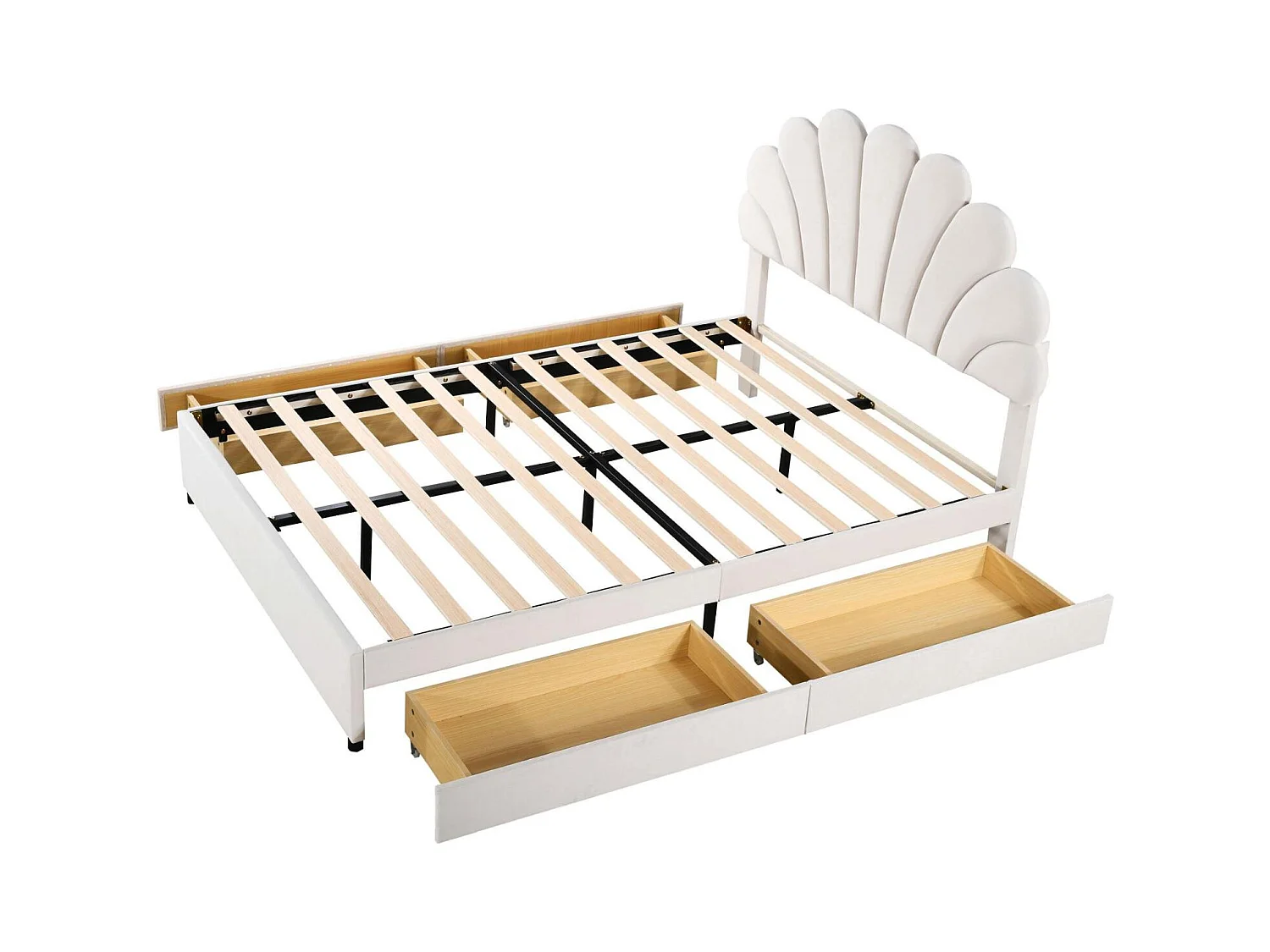 Lit rembourré 140x200 cm beige en velours – Tête de lit fleurie, sommier, rangement, lit ado/adulte