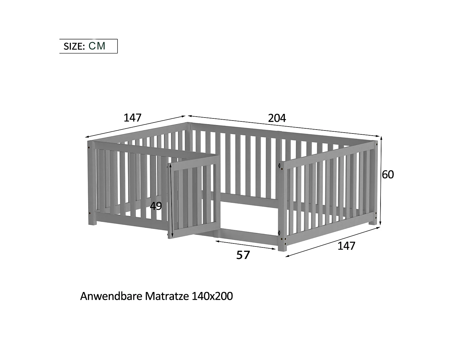 Kinderbed 140x200 cm grijs – Houten frame met lattenbodem, spijlen en deur