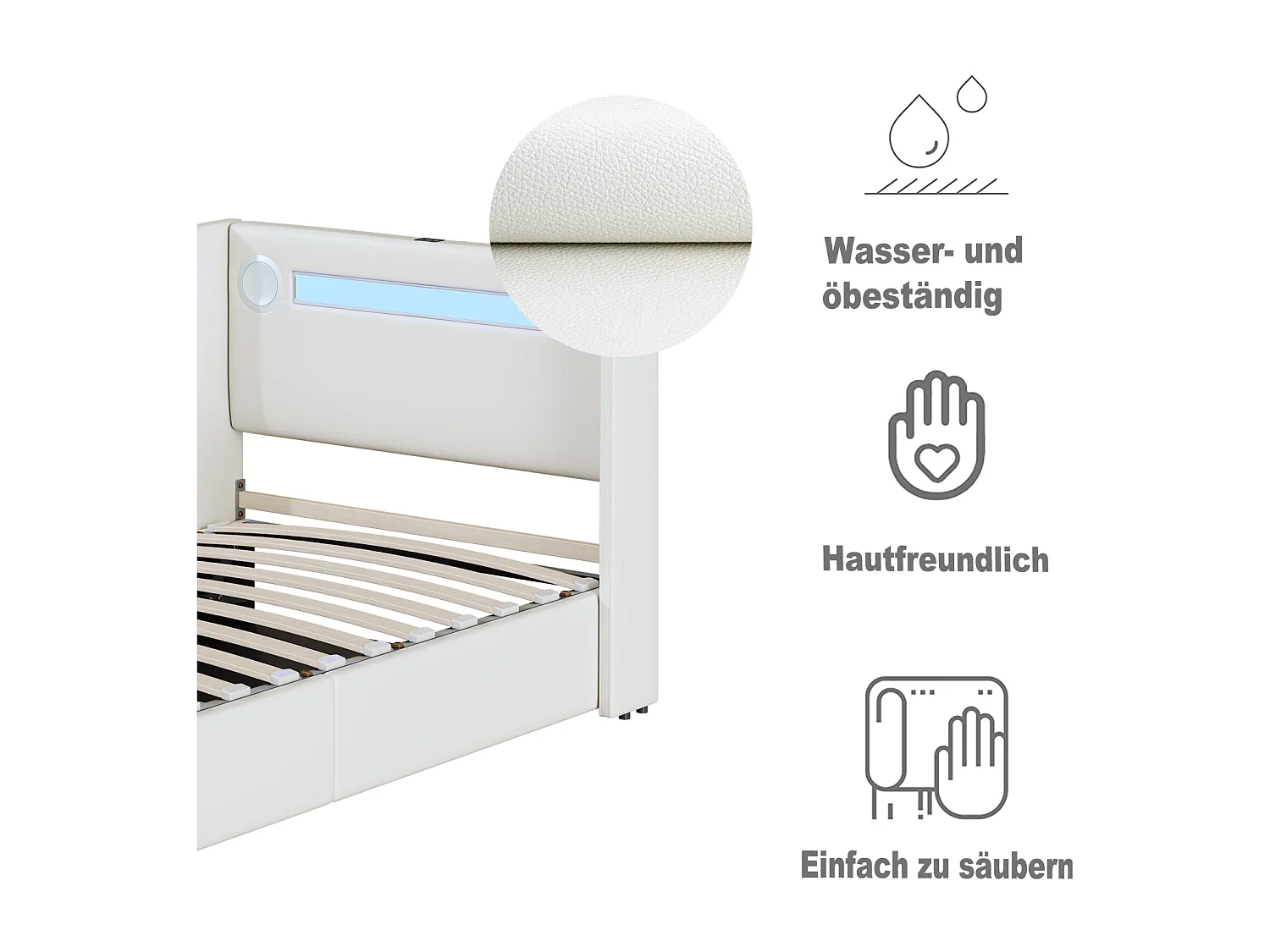 Kinderbett 90x200 cm in schwarzem Kunstleder - LED, Bluetooth-Player, USB-Anschluss, Aufbewahrungsbox und Sockel