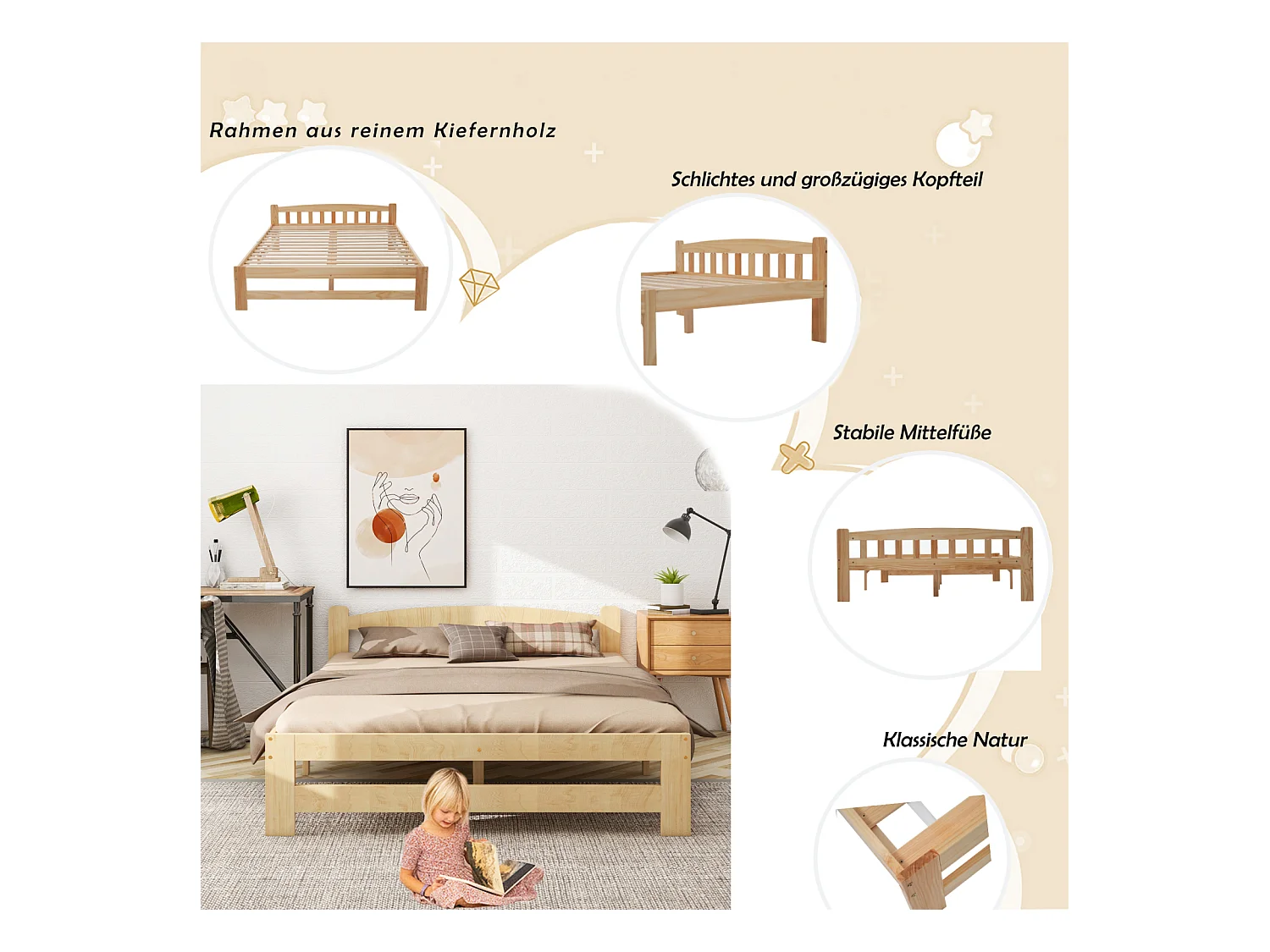 Massives Futonbett 140x200 cm Natur – Massivholz Doppelbett mit Kopfteil und Lattenrost, Jugend-/Erwachsenenbett