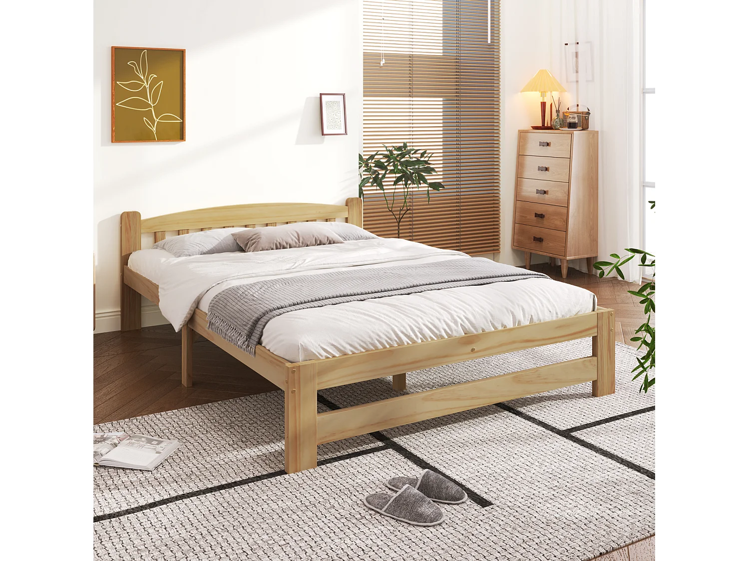 Lit futon massif 140x200 cm naturel – Lit double en bois massif avec tête de lit et sommier, lit ado/adulte