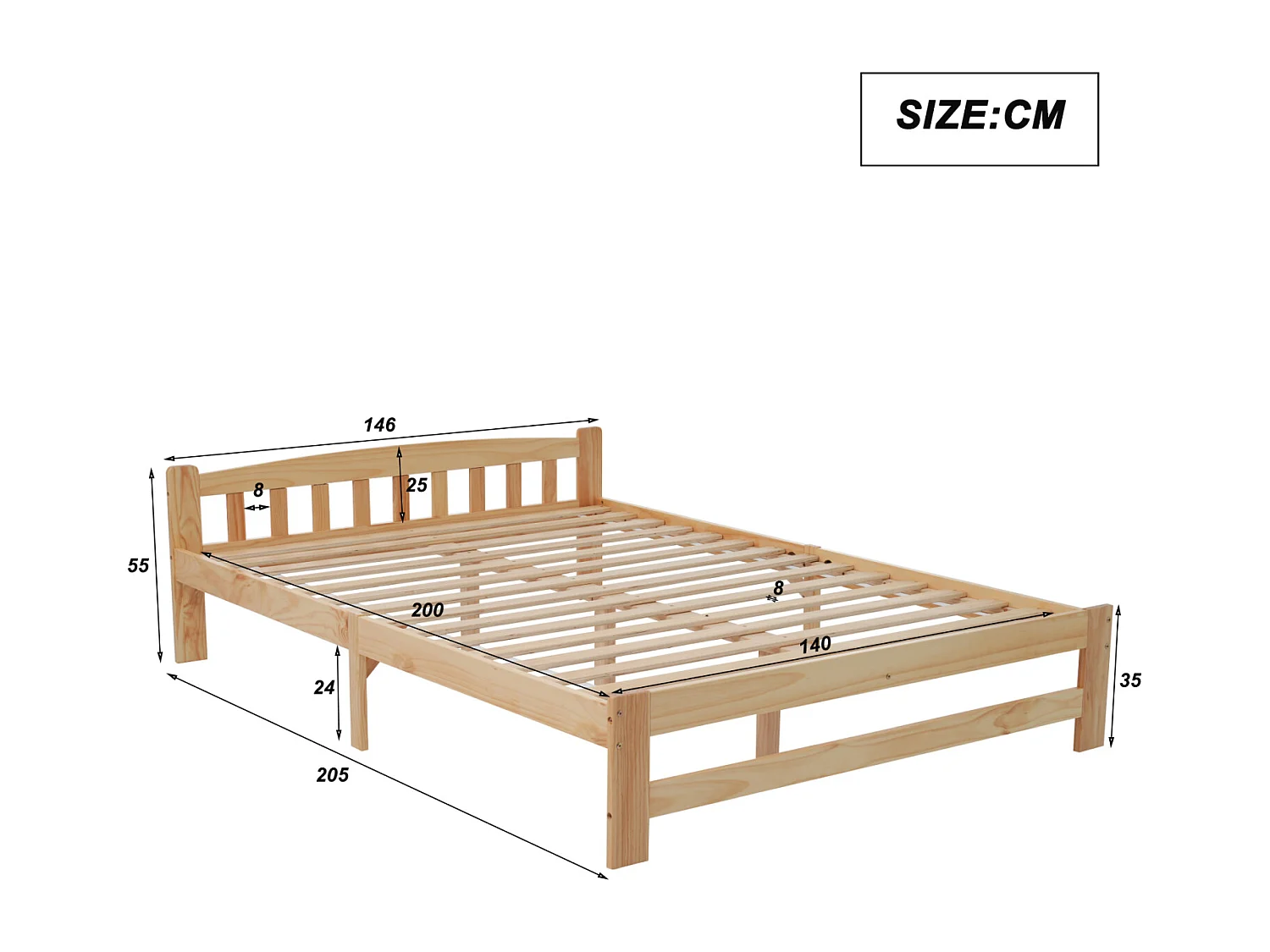 Lit futon massif 140x200 cm naturel – Lit double en bois massif avec tête de lit et sommier, lit ado/adulte