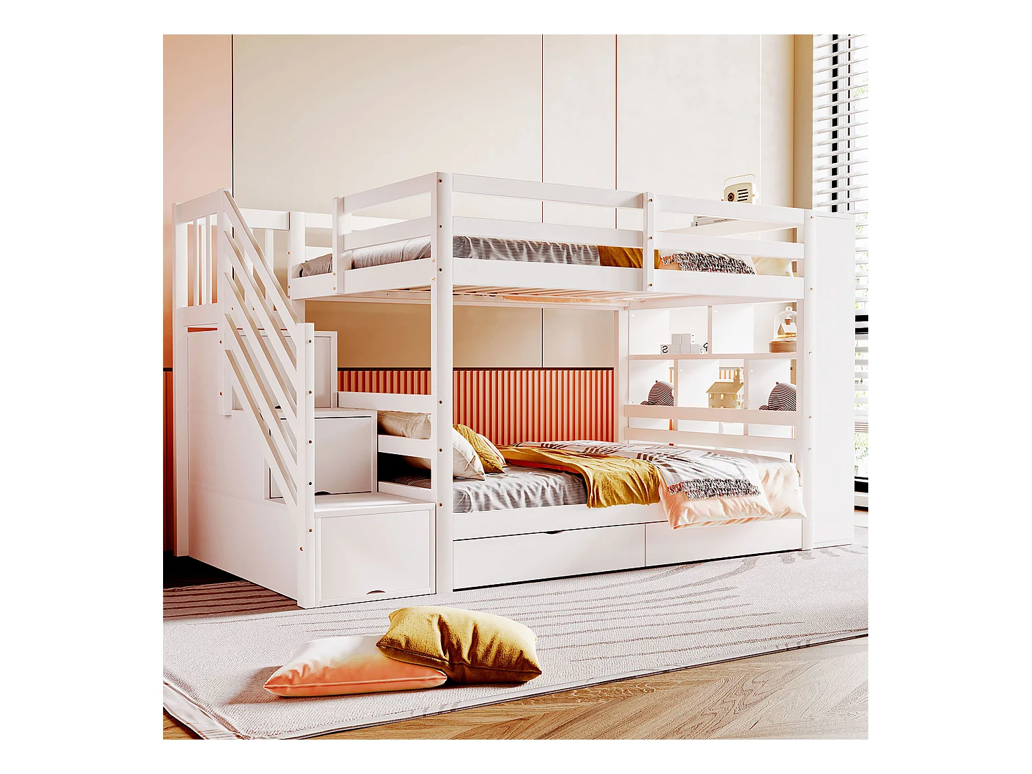 Etagenbett 90x200 cm weiß – Sichere Treppe mit Stauraum, Schubladen, hohen Barrieren, Kiefernholzboden