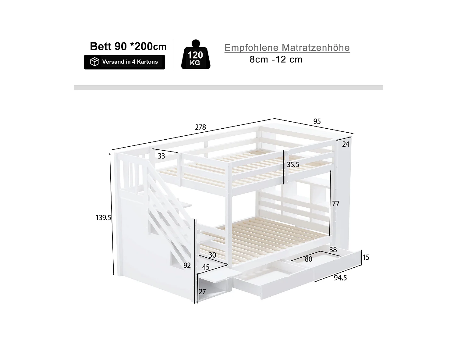 Etagenbett 90x200 cm weiß – Sichere Treppe mit Stauraum, Schubladen, hohen Barrieren, Kiefernholzboden