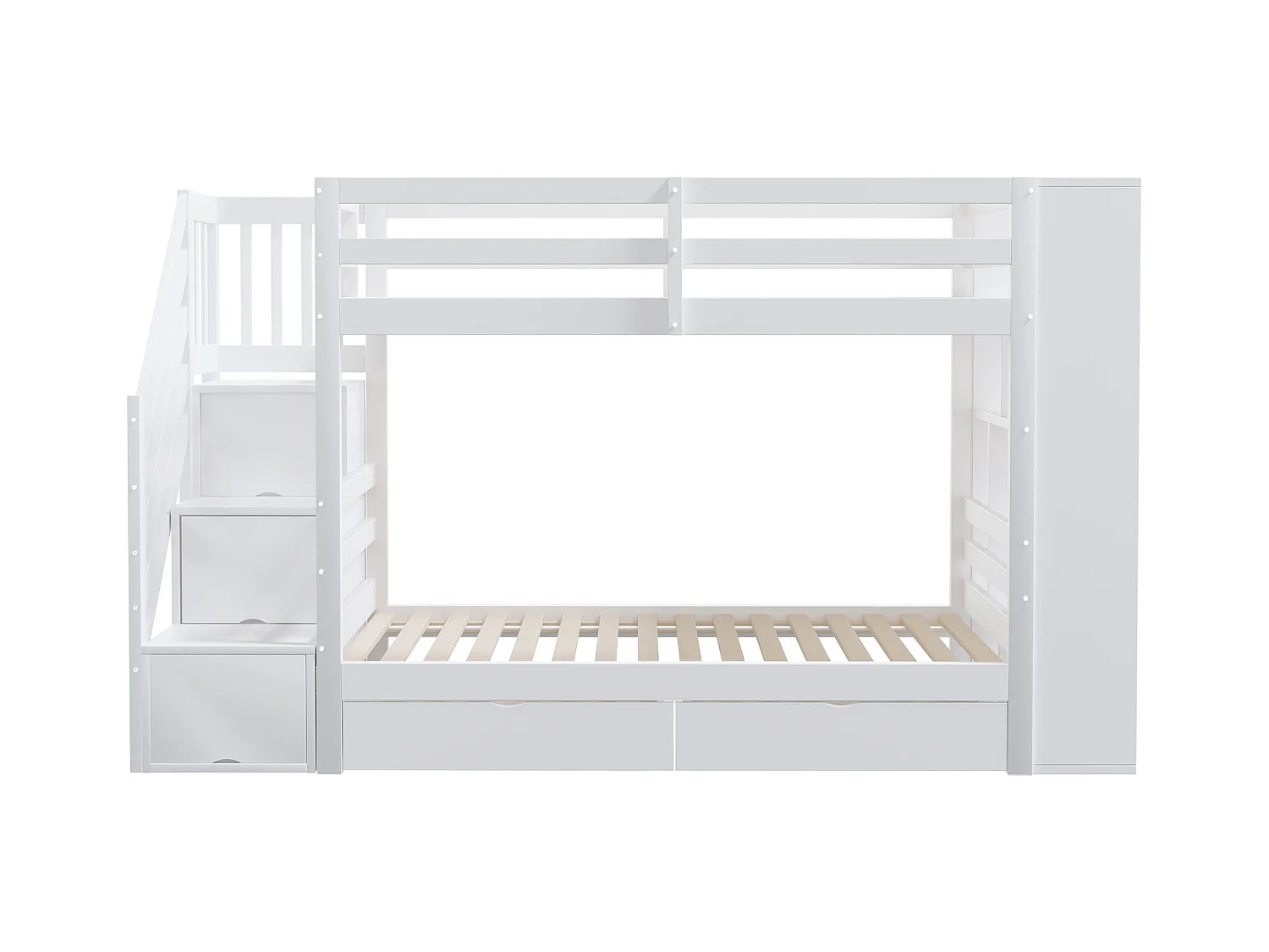 Etagenbett 90x200 cm weiß – Sichere Treppe mit Stauraum, Schubladen, hohen Barrieren, Kiefernholzboden