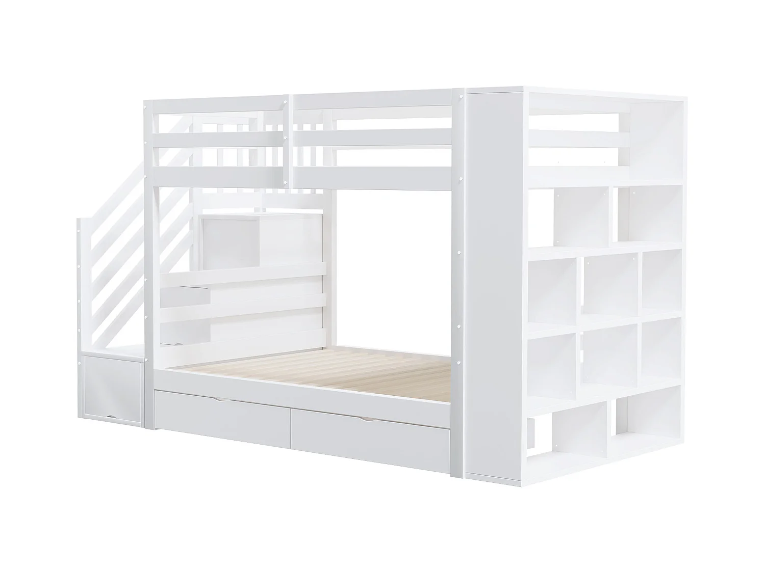 Etagenbett 90x200 cm weiß – Sichere Treppe mit Stauraum, Schubladen, hohen Barrieren, Kiefernholzboden