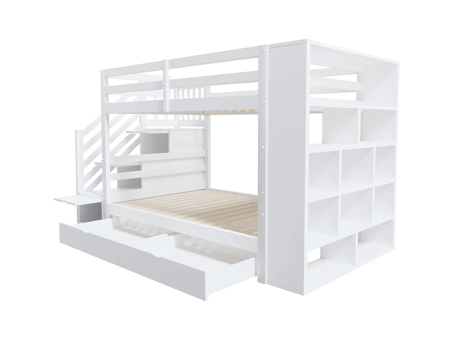 Etagenbett 90x200 cm weiß – Sichere Treppe mit Stauraum, Schubladen, hohen Barrieren, Kiefernholzboden