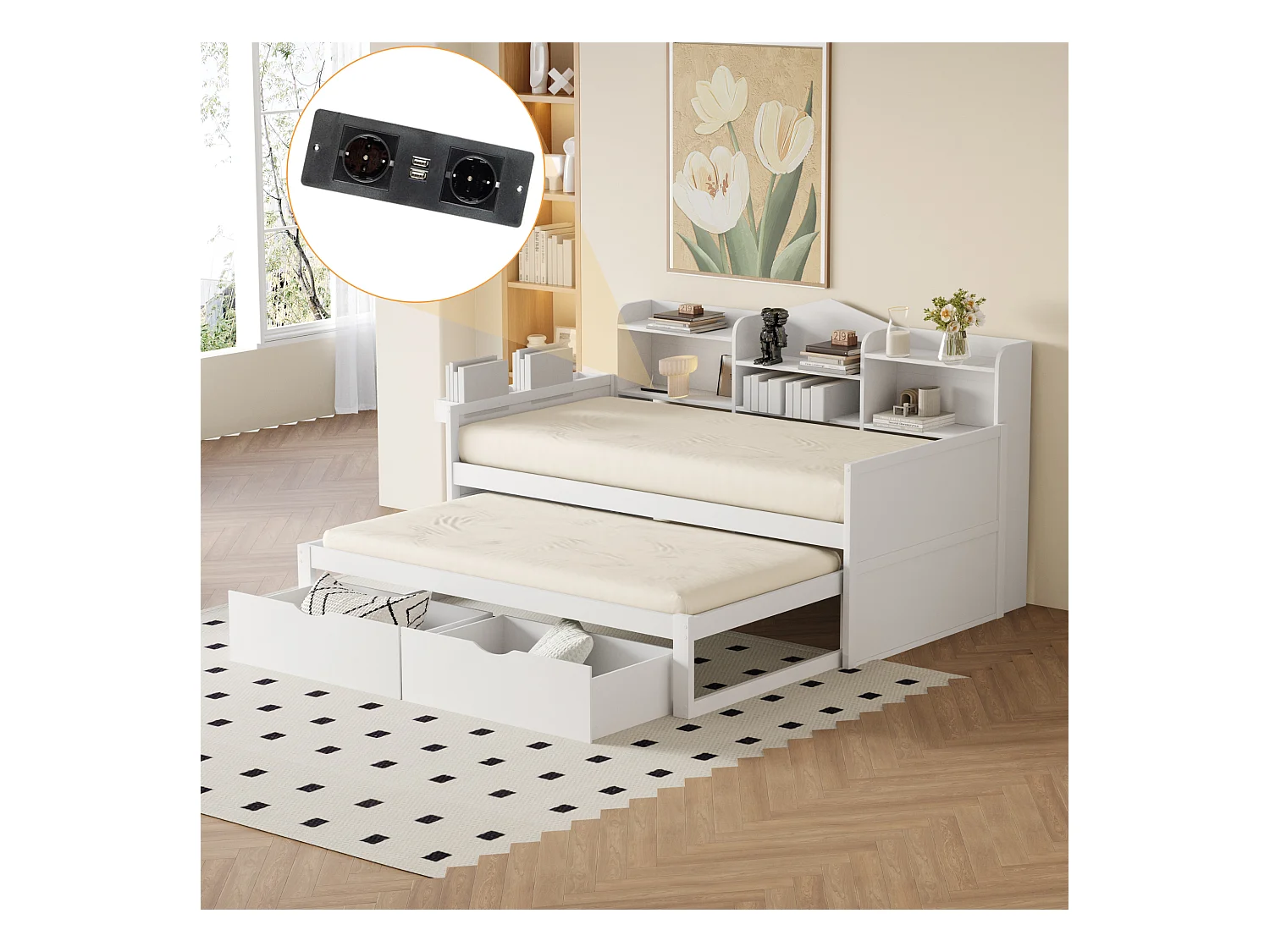 Canapé-lit 90x200 cm avec lit gigogne 90x190, 2 tiroirs, grand rangement, panier, port USB, lit simple bois blanc