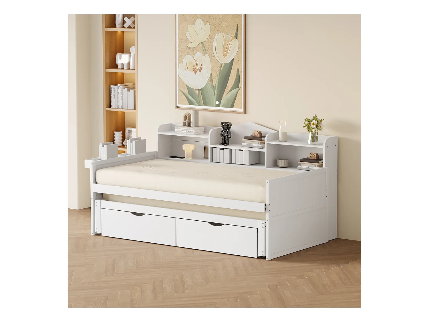 Canapé-lit 90x200 cm avec lit gigogne 90x190, 2 tiroirs, grand rangement, panier, port USB, lit simple bois blanc